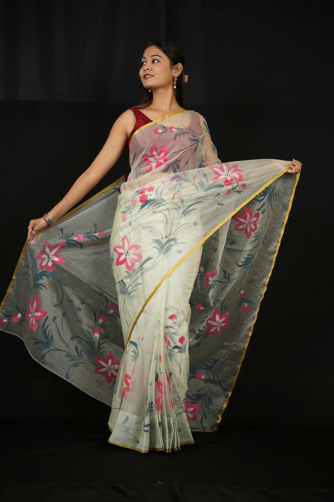 Light Grey Organza with Red Floral Hand-Painting and Golden Border Ready To Wear Saree