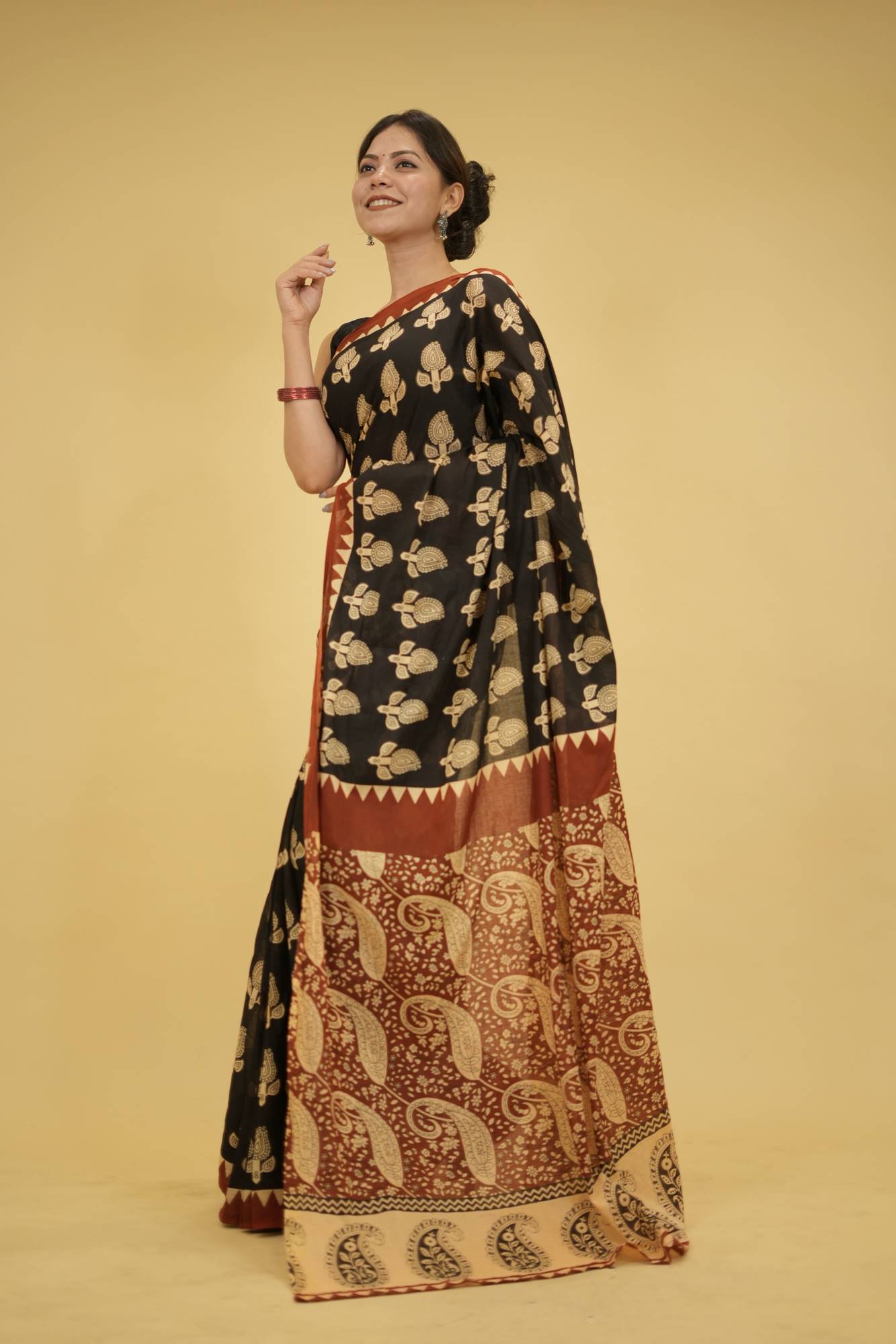 Jaipuri Black Mulmul Cotton with Hand Block Print Ready to Wear Saree