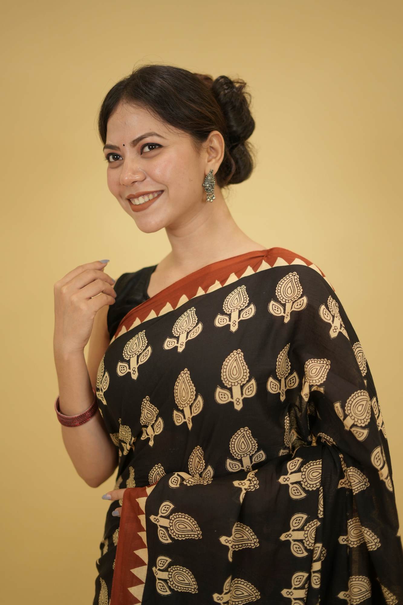 Jaipuri Black Mulmul Cotton with Hand Block Print Ready to Wear Saree