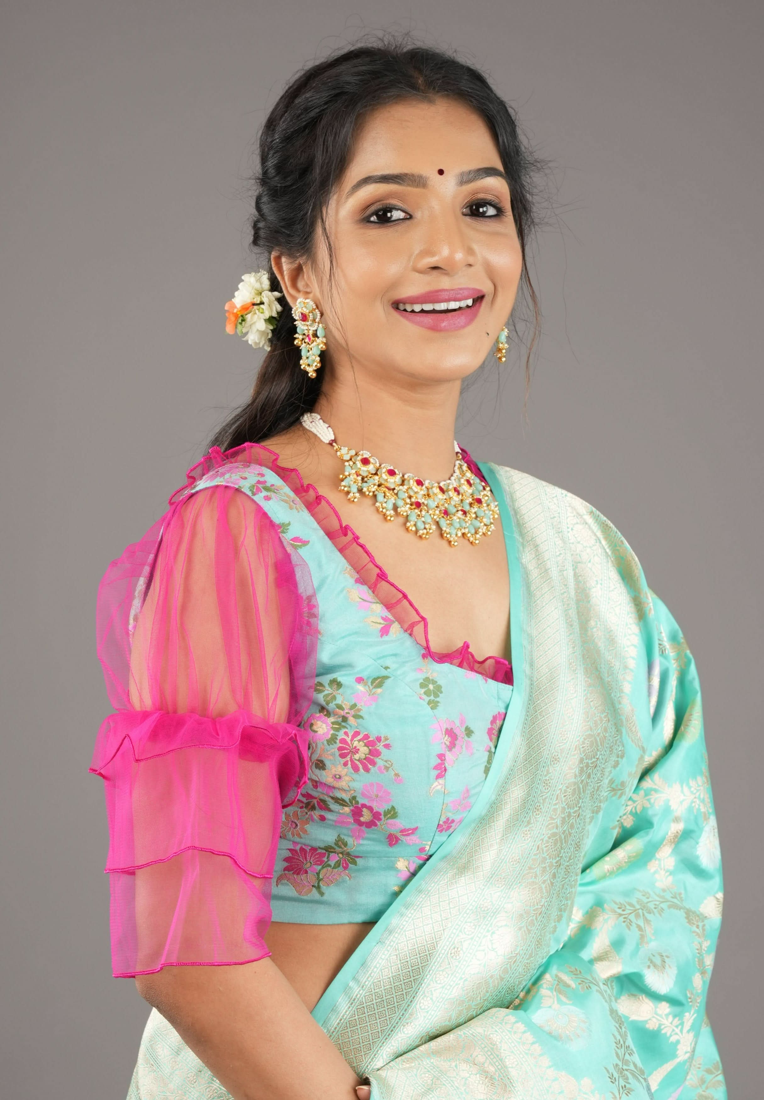 Mint Green Banarasi Meenakari Blouse with Fuchsia Net layered Puff Sleeves,customizable, made-to-order | Shobitam