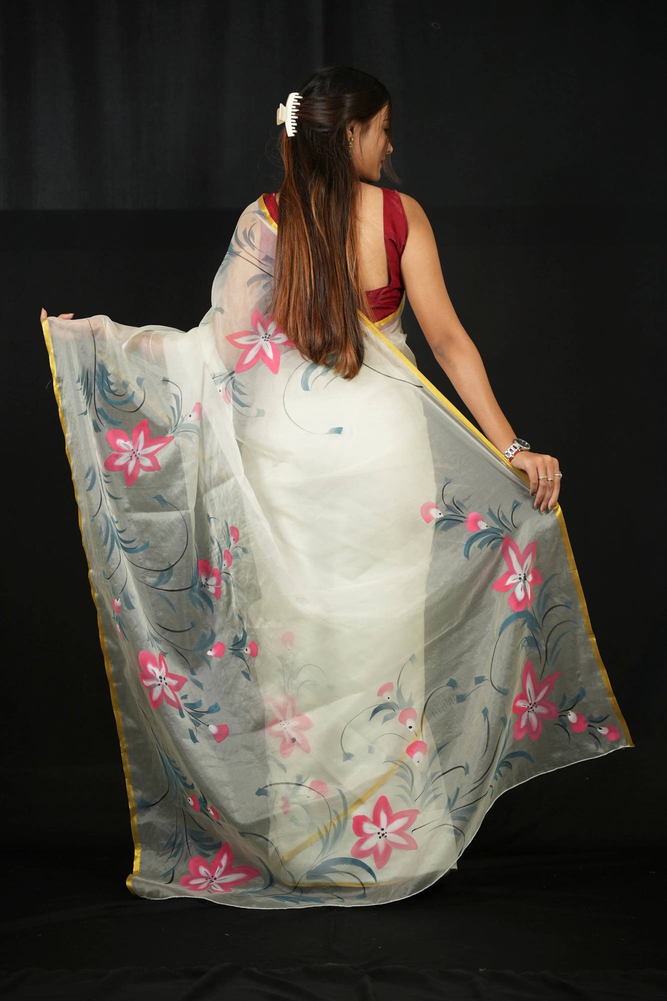 Light Grey Organza with Red Floral Hand-Painting and Golden Border Ready To Wear Saree