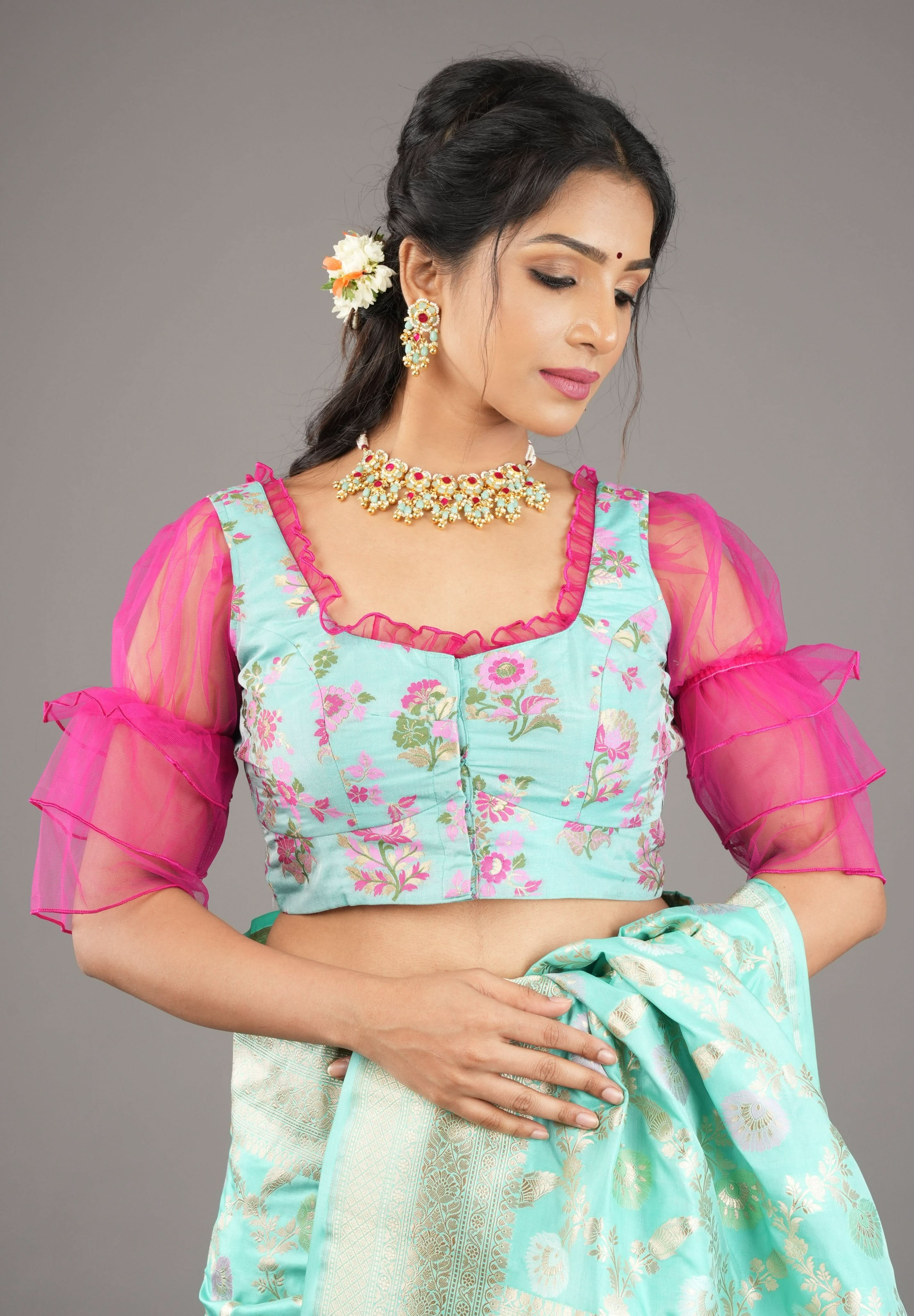Mint Green Banarasi Meenakari Blouse with Fuchsia Net layered Puff Sleeves,customizable, made-to-order | Shobitam