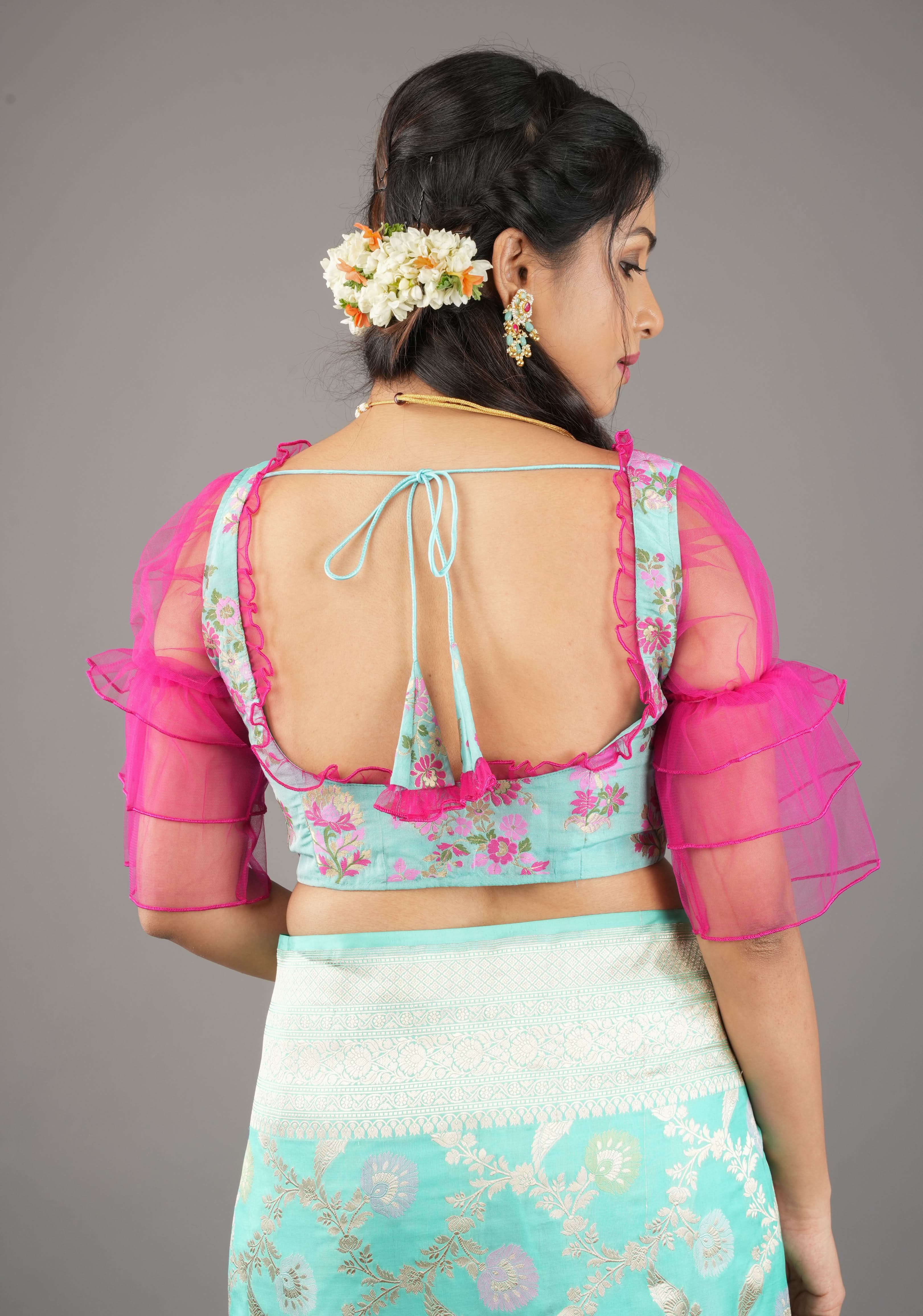 Mint Green Banarasi Meenakari Blouse with Fuchsia Net layered Puff Sleeves,customizable, made-to-order | Shobitam