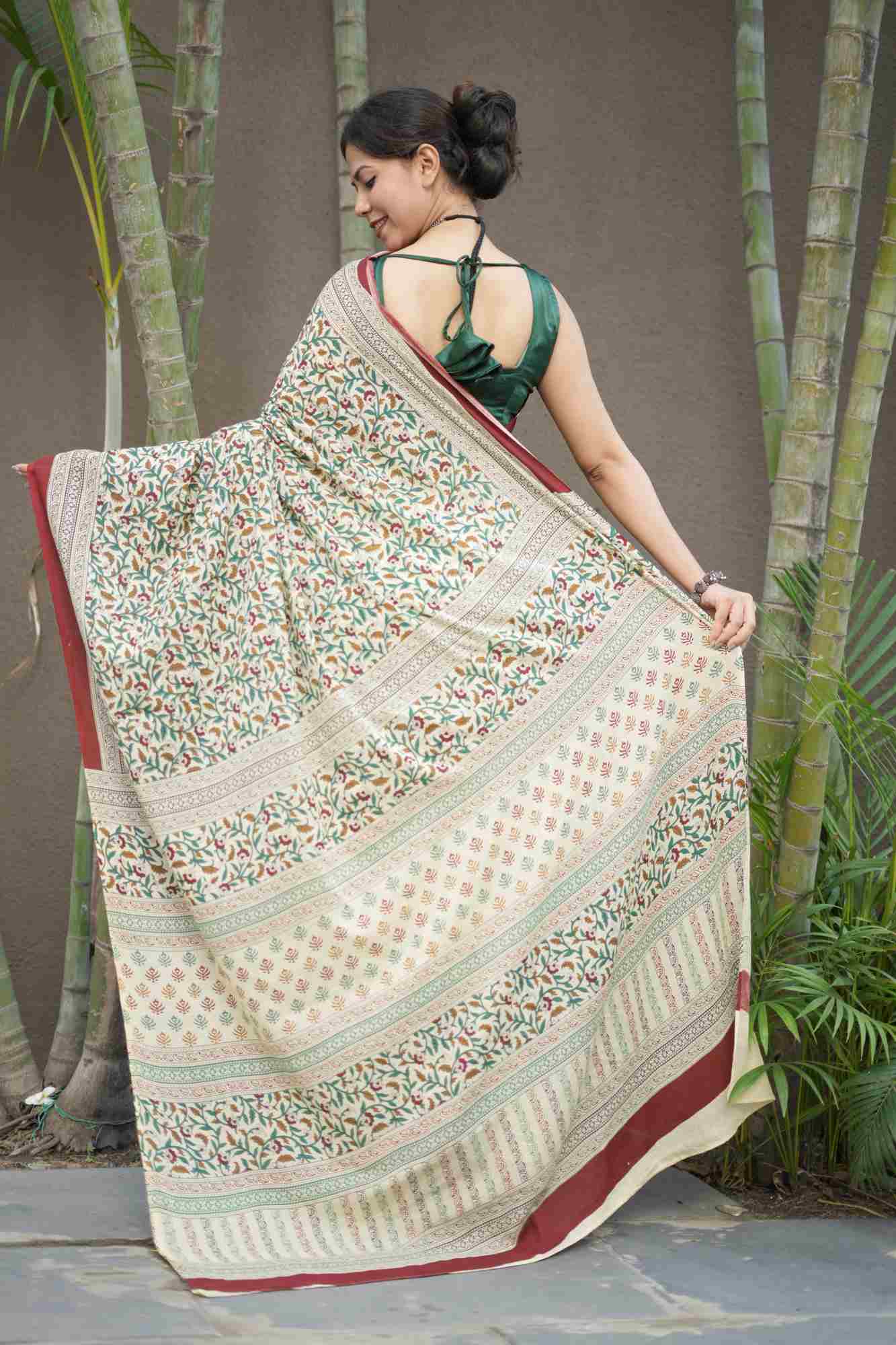 Handblock Print Mulmul Cotton with Rich Pallu Ready to wear Saree