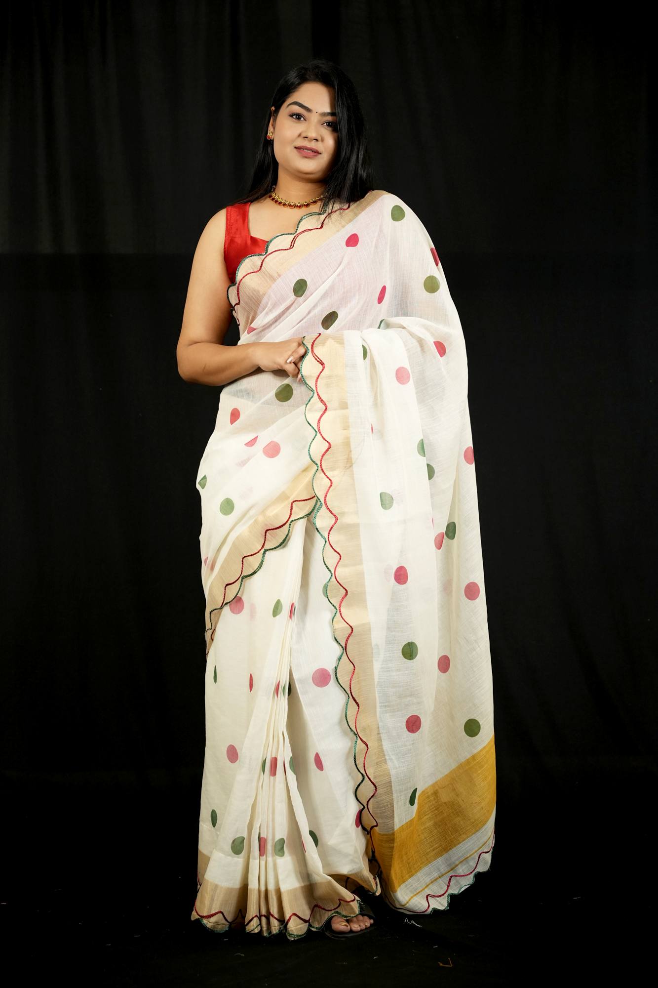 Polka Linen with Gold Zari and Scallop Border Ready To Wear Saree