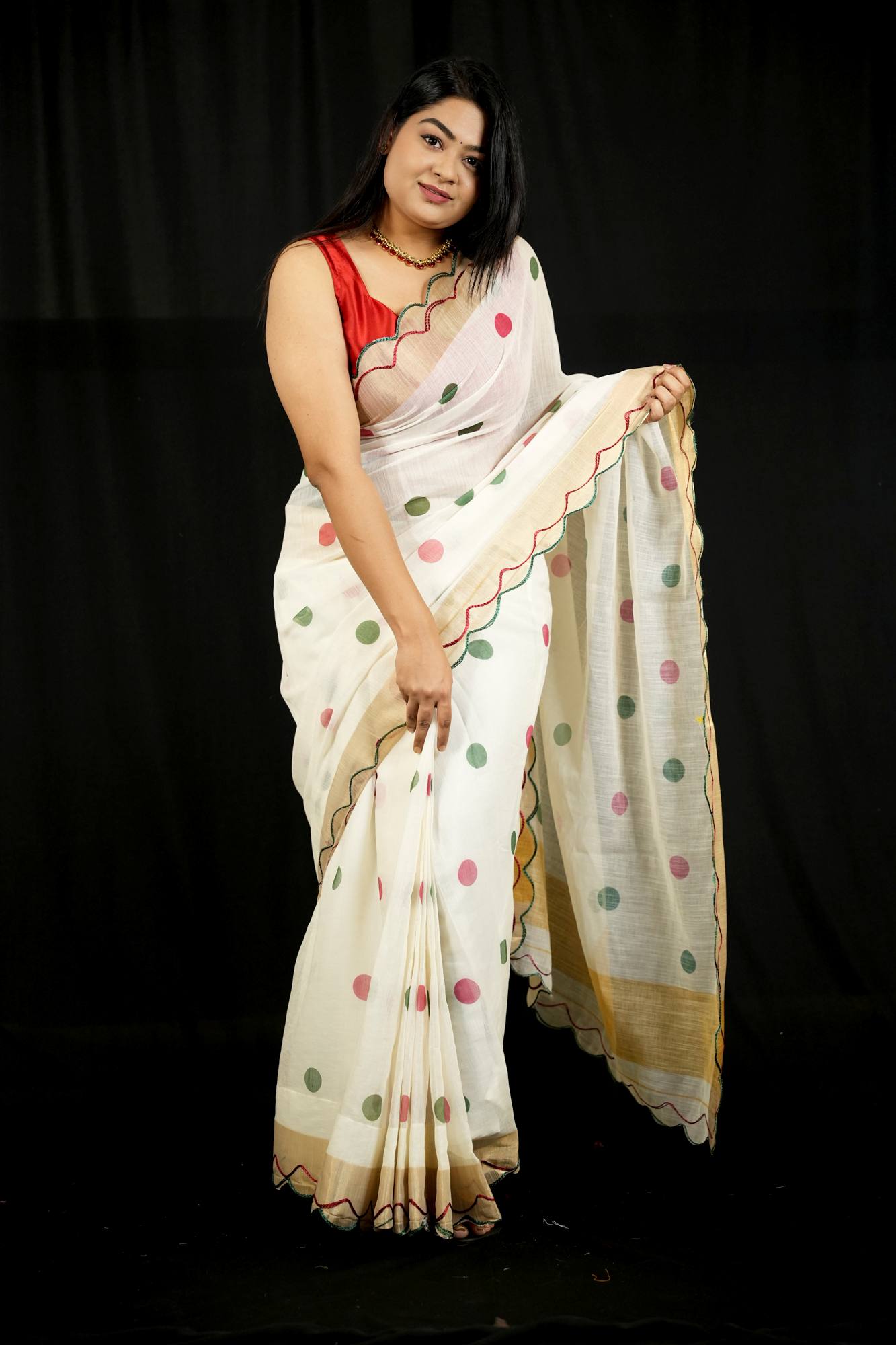 Polka Linen with Gold Zari and Scallop Border Ready To Wear Saree