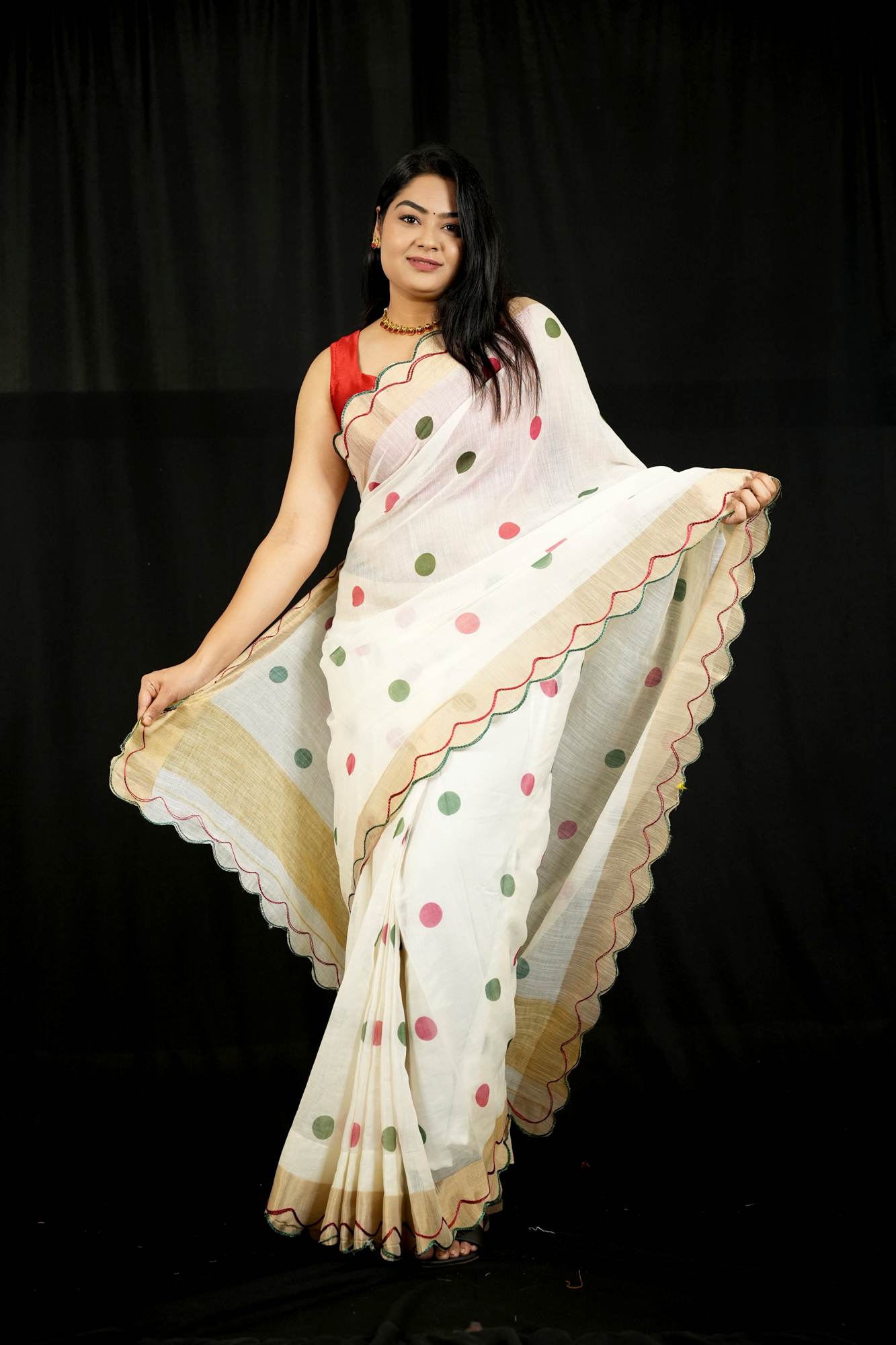 Polka Linen with Gold Zari and Scallop Border Ready To Wear Saree