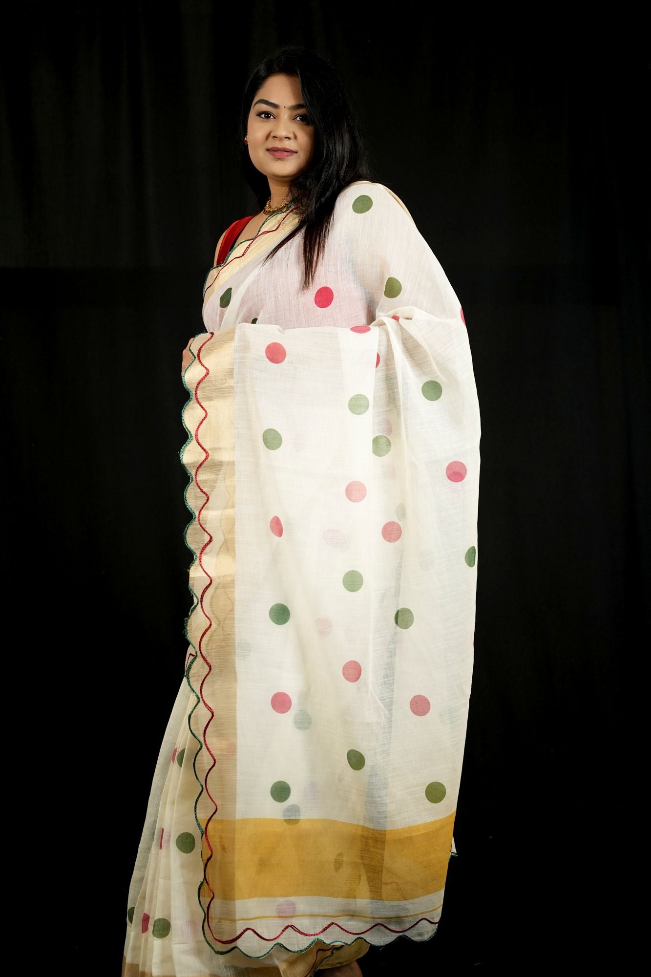 Polka Linen with Gold Zari and Scallop Border Ready To Wear Saree