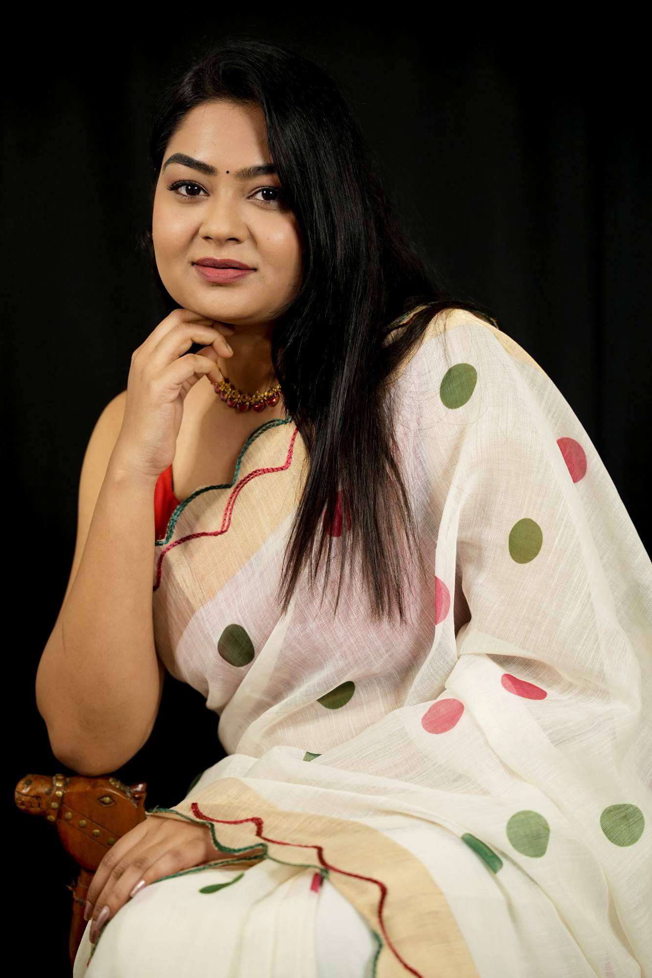 Polka Linen with Gold Zari and Scallop Border Ready To Wear Saree