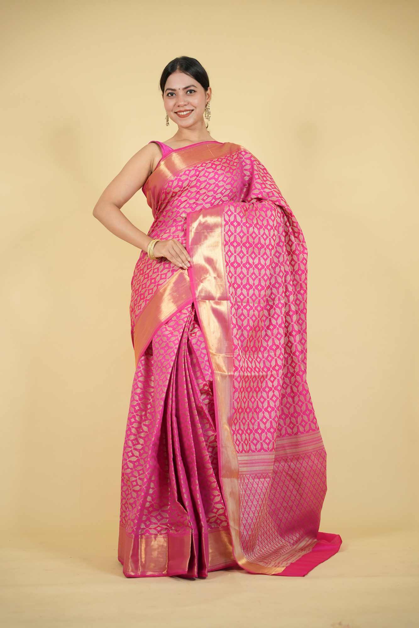 Magenta Tapeta Silk with Golden Zari Border Ready To Wear Saree