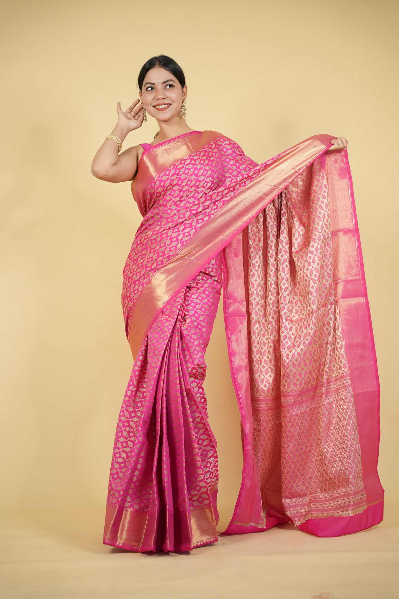 Magenta Tapeta Silk with Golden Zari Border Ready To Wear Saree