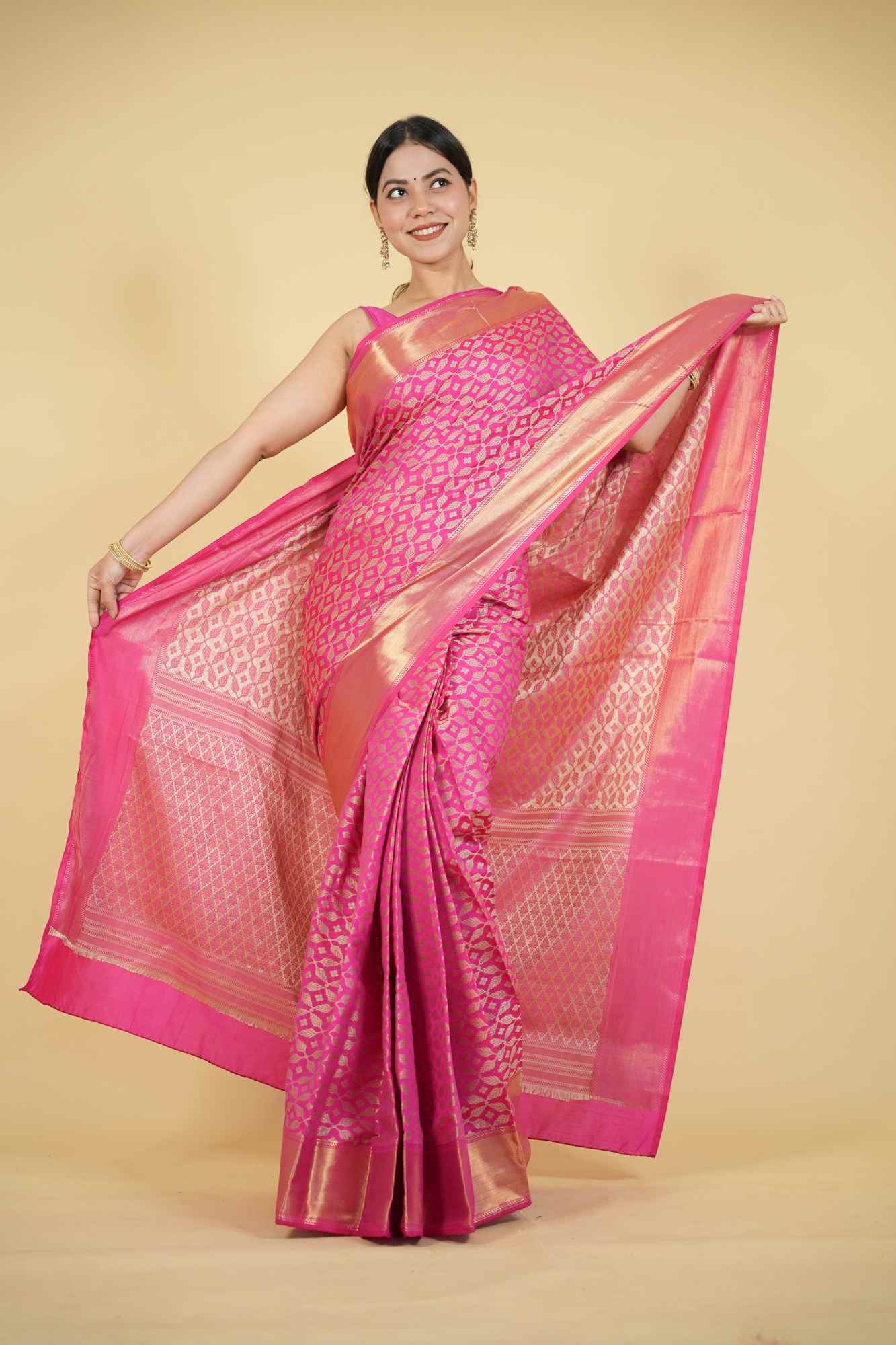 Magenta Tapeta Silk with Golden Zari Border Ready To Wear Saree
