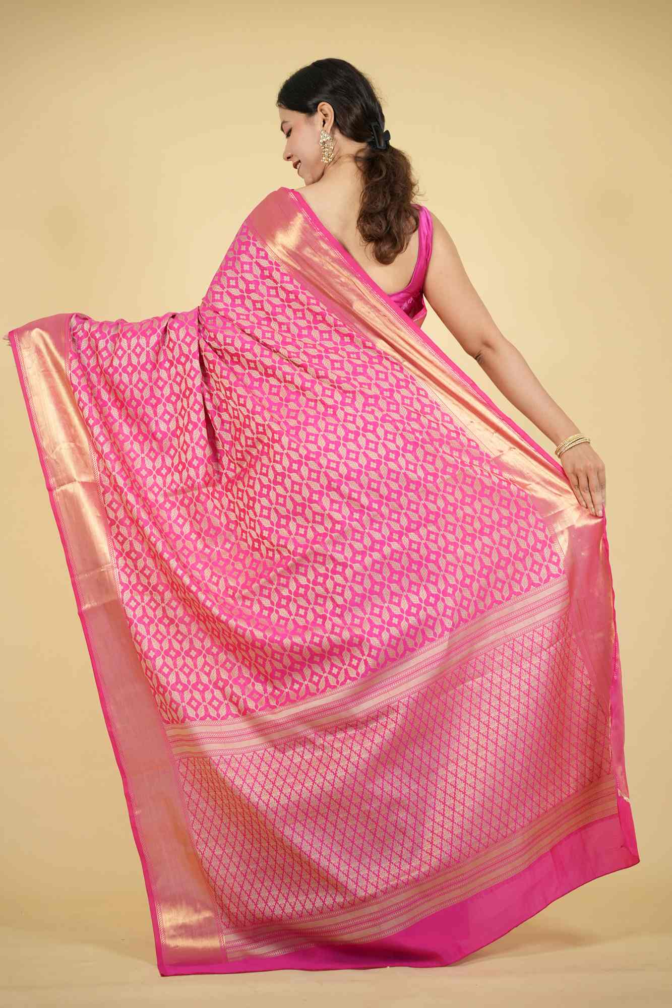 Magenta Tapeta Silk with Golden Zari Border Ready To Wear Saree