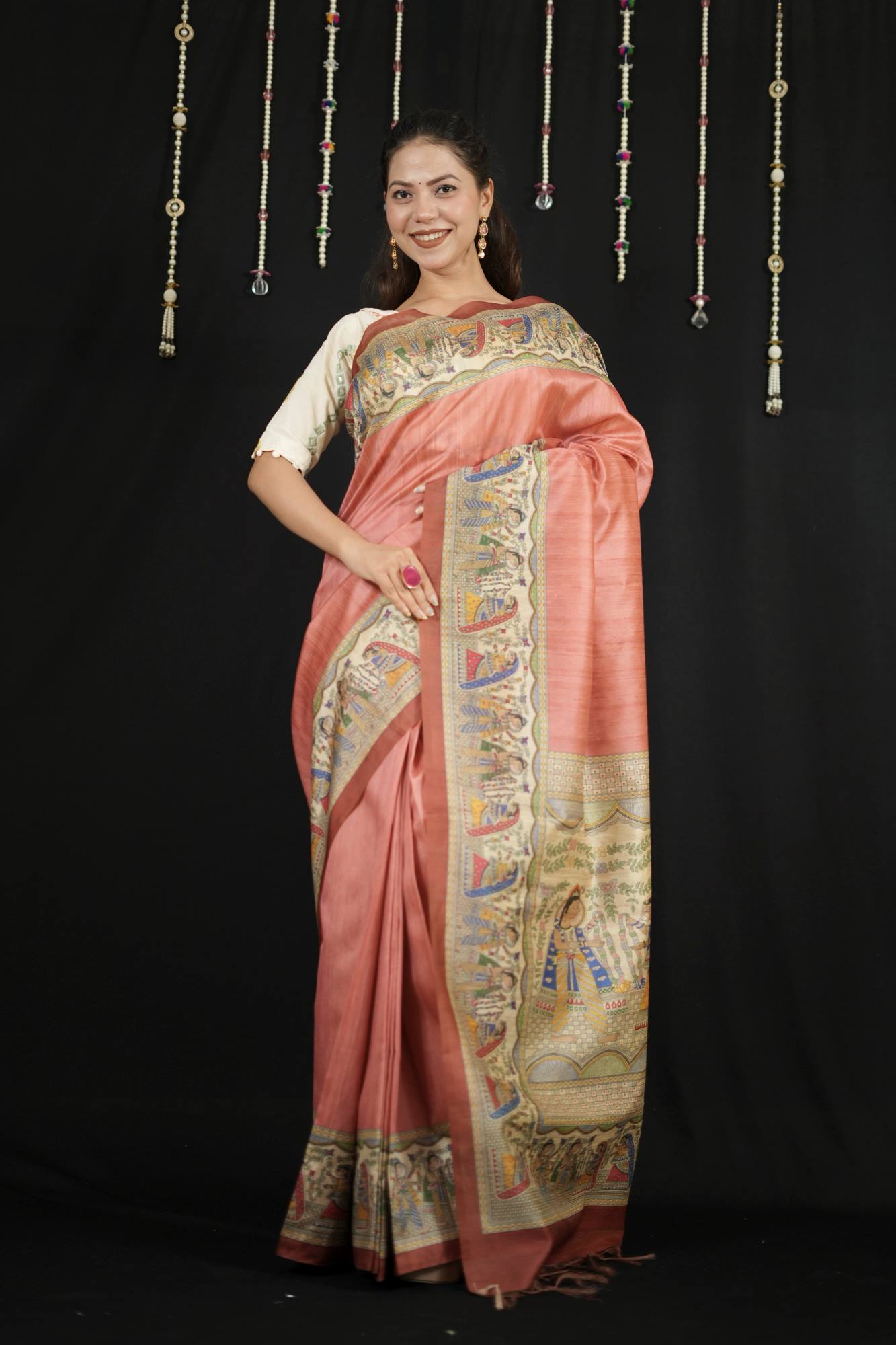 Ready to Wear Pink Semi Ghicha Tussar Silk Saree with Madhubani Print