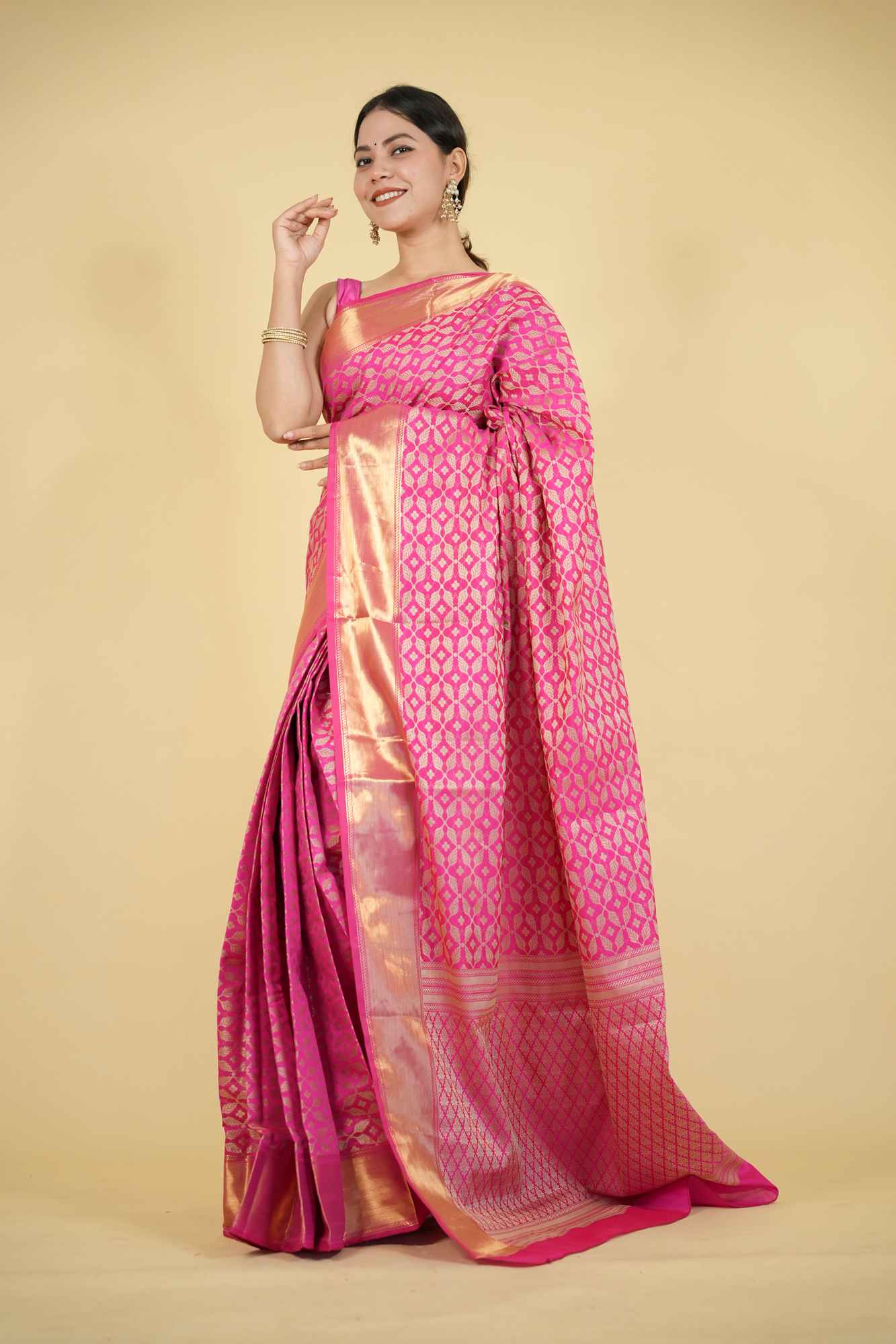 Magenta Tapeta Silk with Golden Zari Border Ready To Wear Saree
