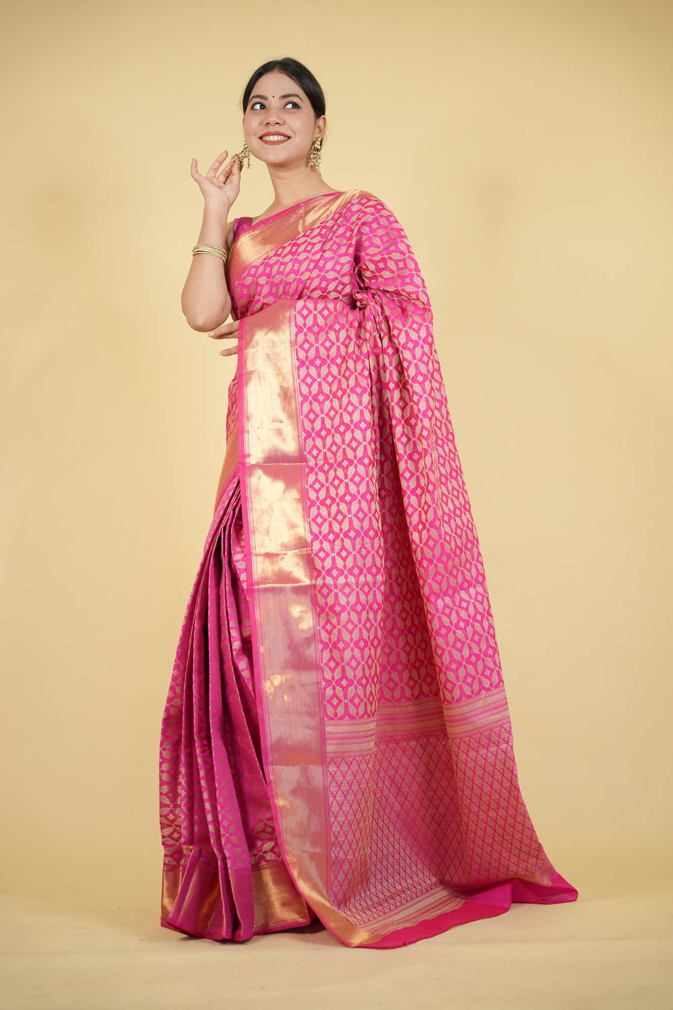Magenta Tapeta Silk with Golden Zari Border Ready To Wear Saree