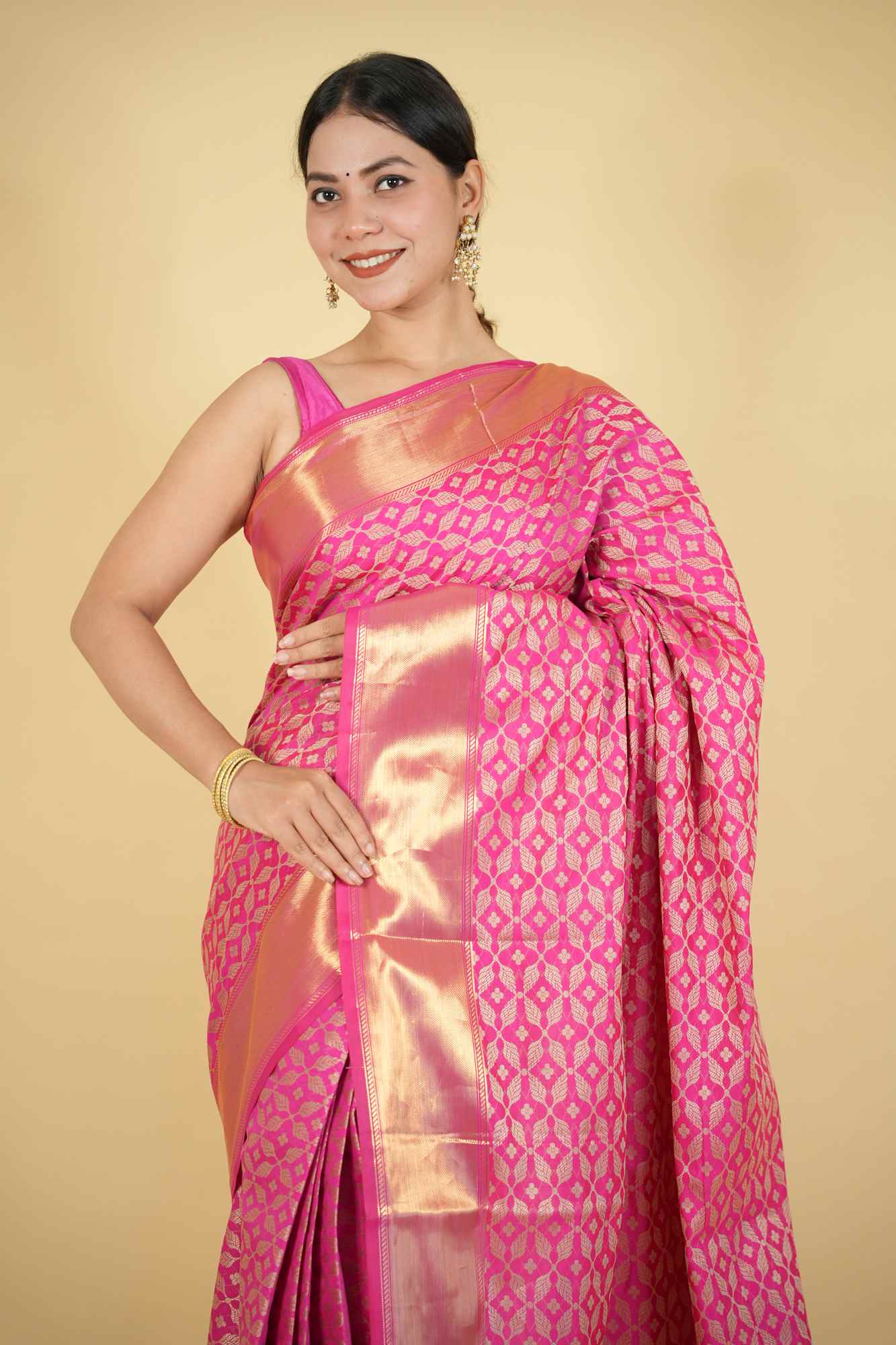 Magenta Tapeta Silk with Golden Zari Border Ready To Wear Saree