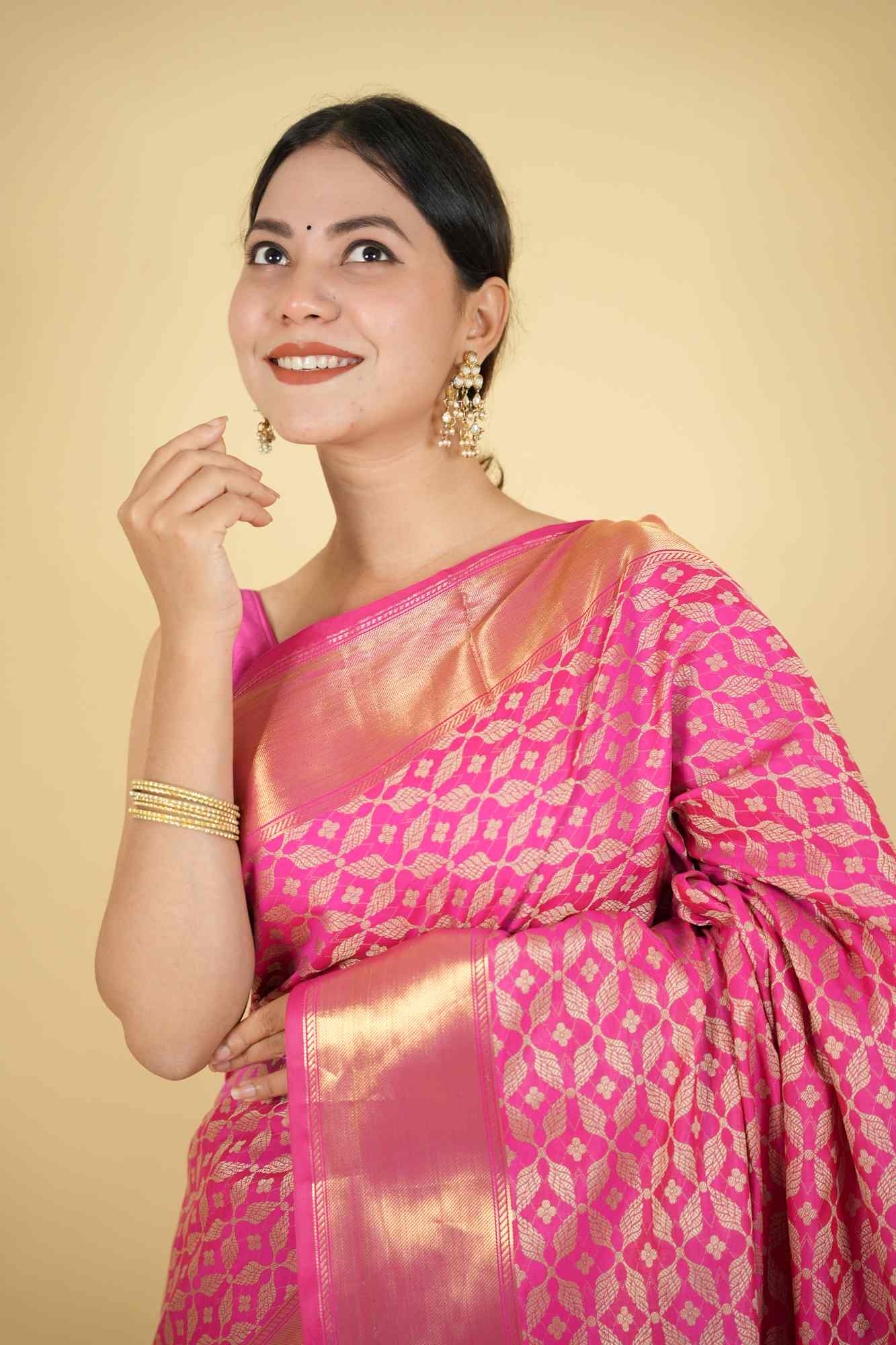 Magenta Tapeta Silk with Golden Zari Border Ready To Wear Saree