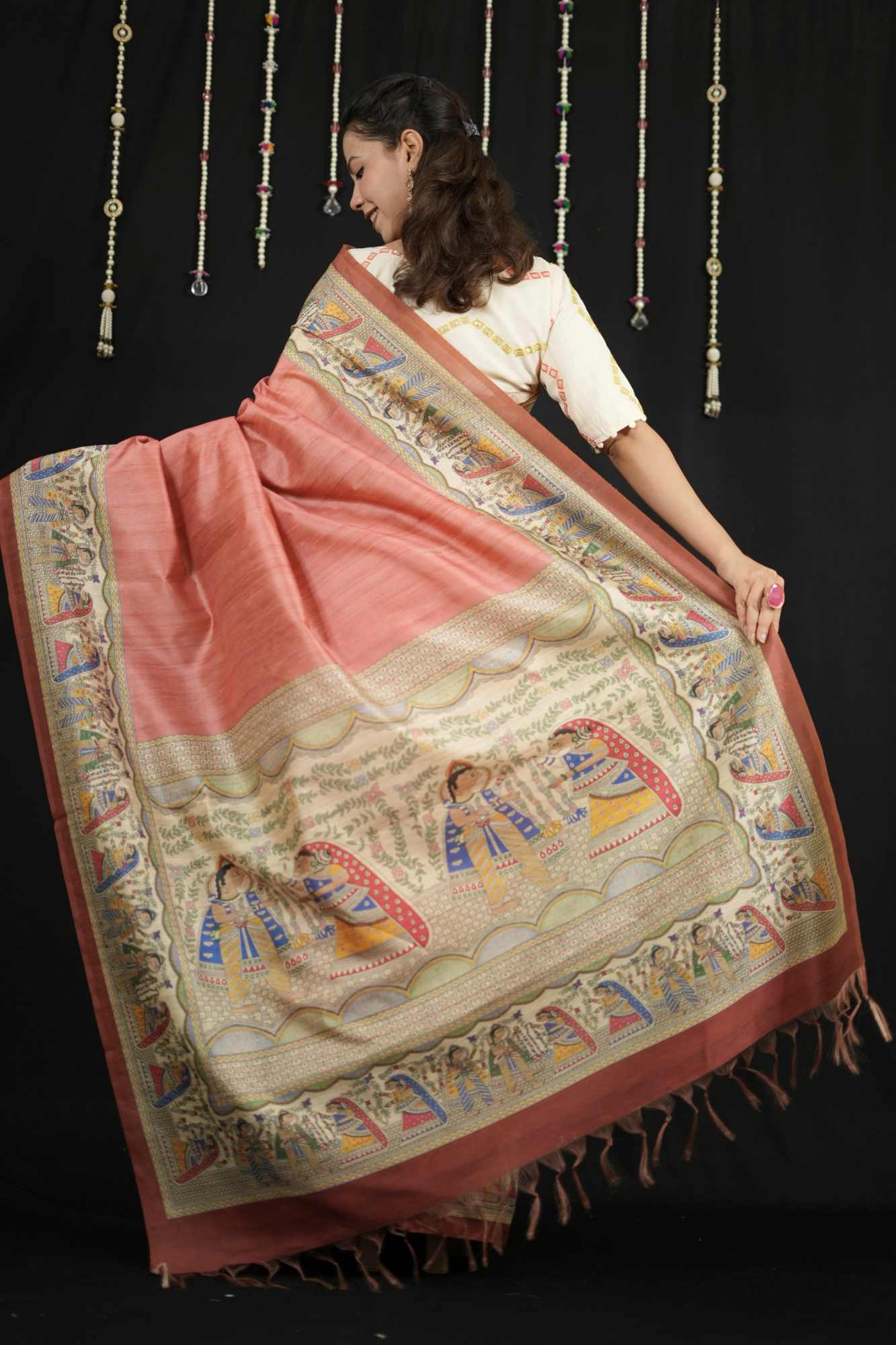 Ready to Wear Pink Semi Ghicha Tussar Silk Saree with Madhubani Print