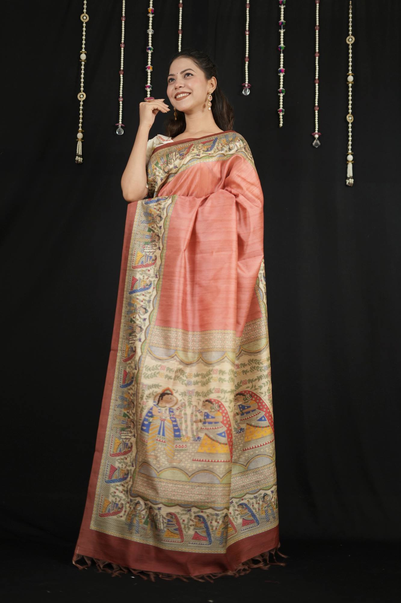 Ready to Wear Pink Semi Ghicha Tussar Silk Saree with Madhubani Print