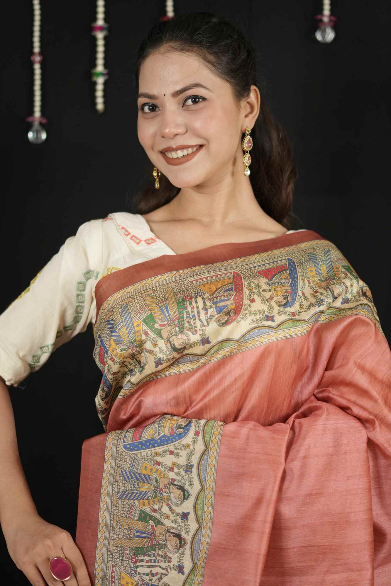 Ready to Wear Pink Semi Ghicha Tussar Silk Saree with Madhubani Print