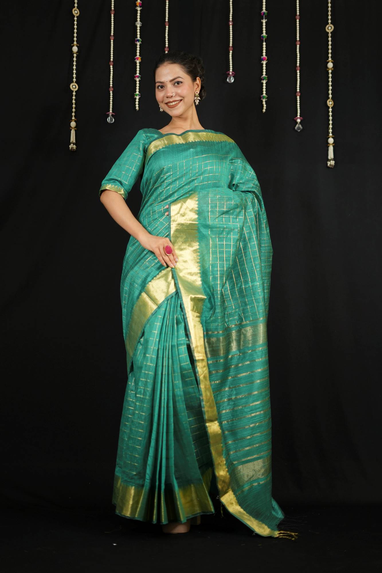 Cotton with Check Pattern and Golden Zari Border Ready To Wear Saree