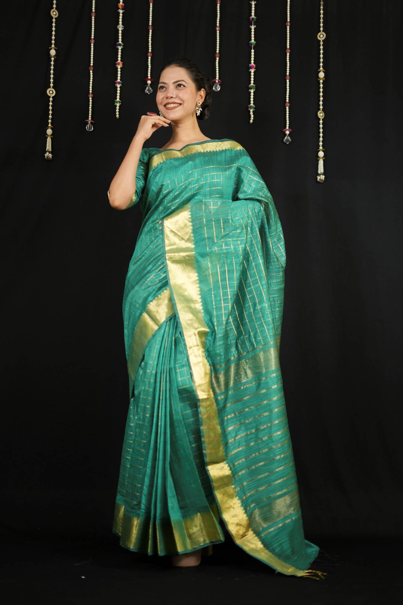 Cotton with Check Pattern and Golden Zari Border Ready To Wear Saree