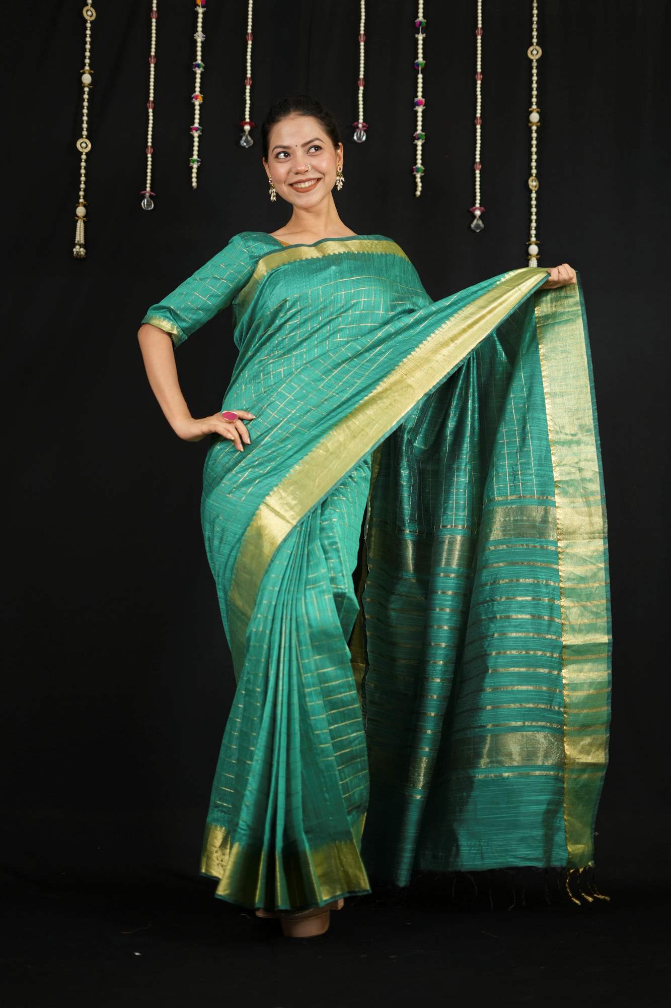 Cotton with Check Pattern and Golden Zari Border Ready To Wear Saree