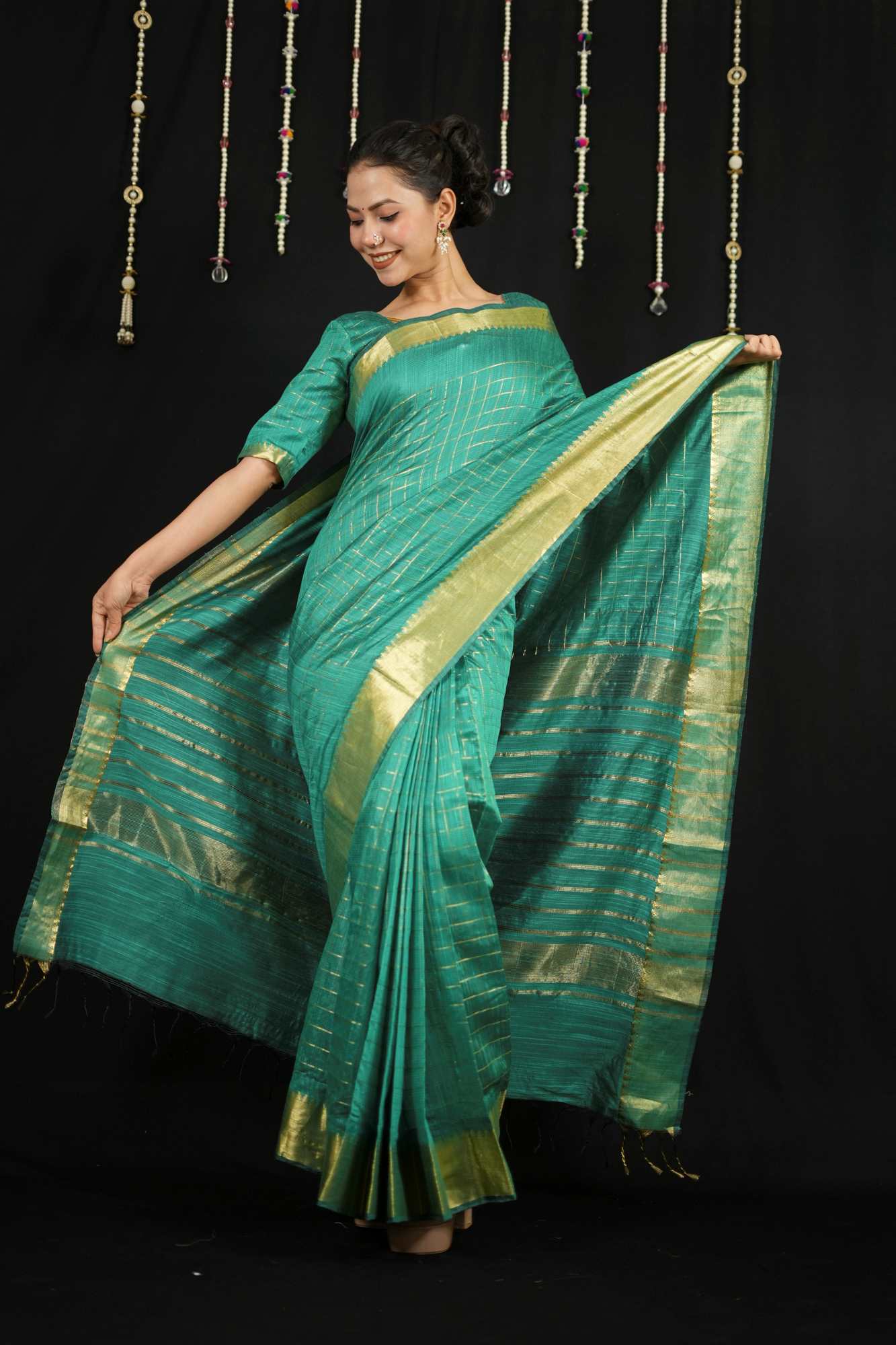 Cotton with Check Pattern and Golden Zari Border Ready To Wear Saree