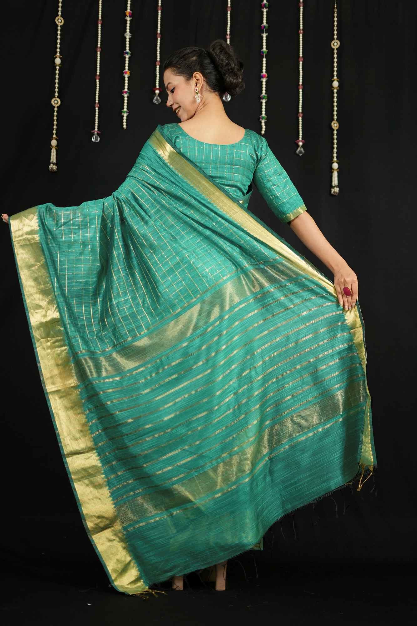 Cotton with Check Pattern and Golden Zari Border Ready To Wear Saree