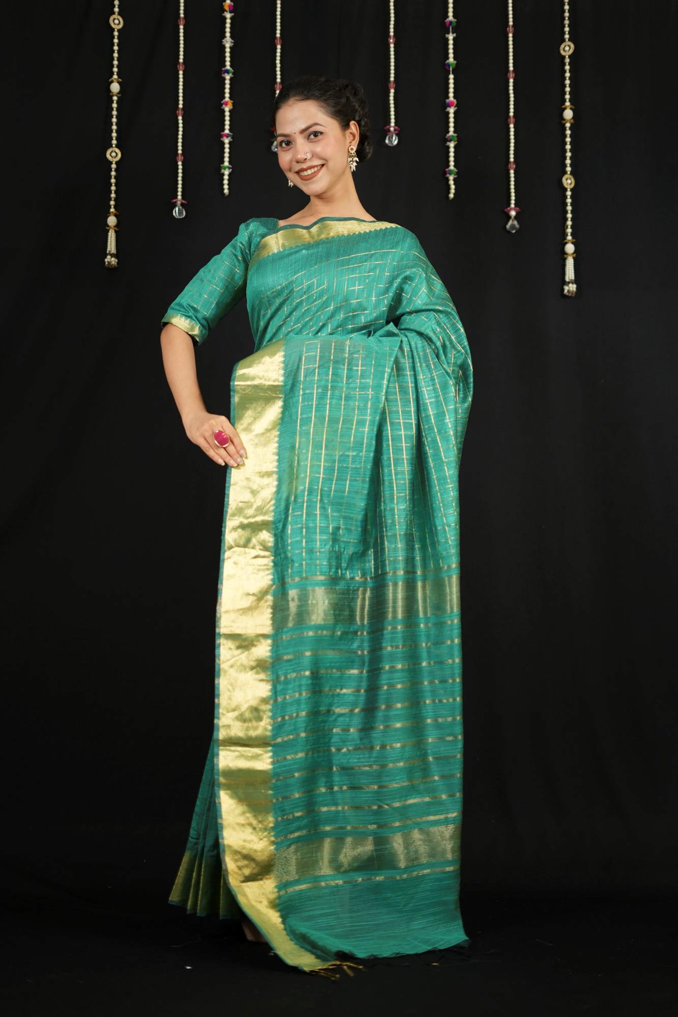 Cotton with Check Pattern and Golden Zari Border Ready To Wear Saree