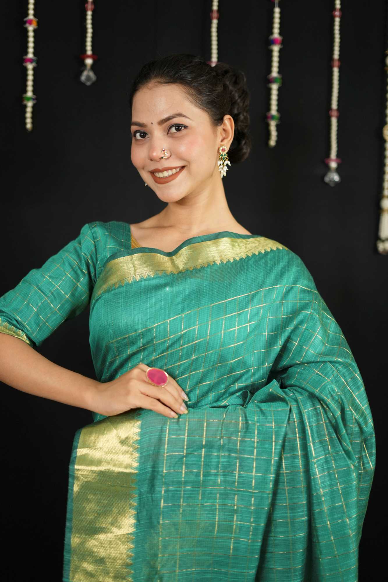Cotton with Check Pattern and Golden Zari Border Ready To Wear Saree