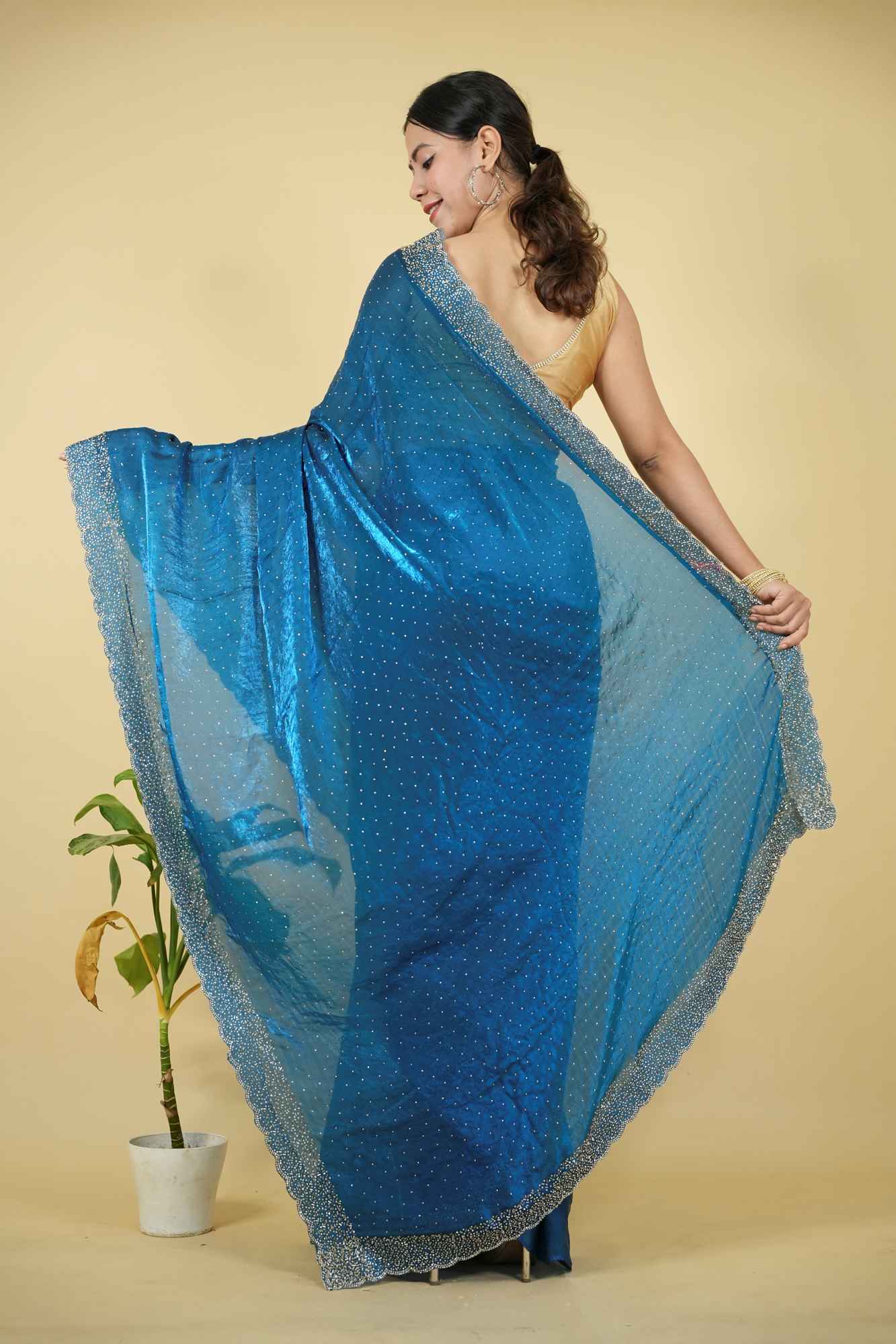 Satin Silk with Dazzling Zarkhan Diamond Work Ready To Wear Saree