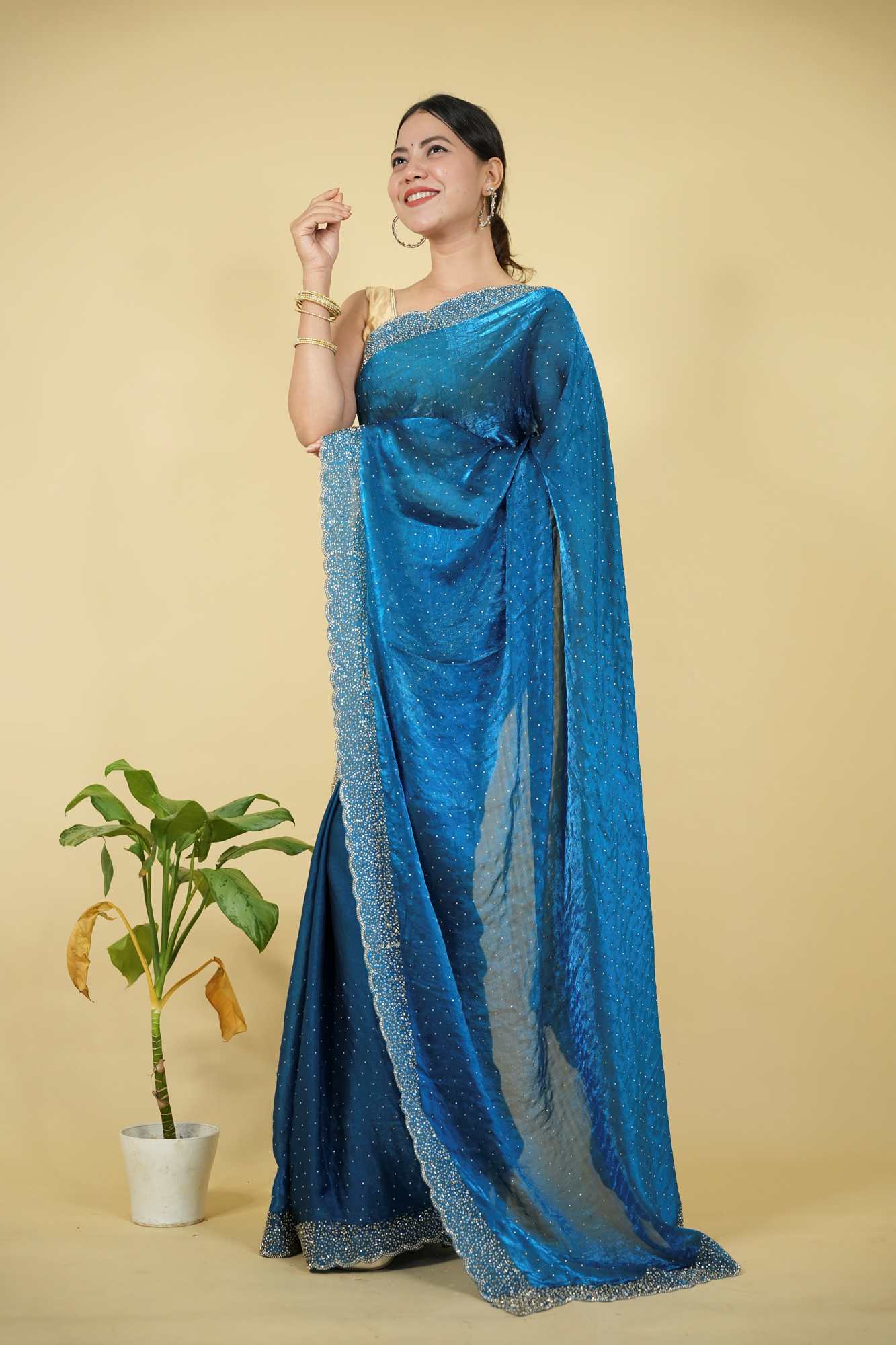 Satin Silk with Dazzling Zarkhan Diamond Work Ready To Wear Saree