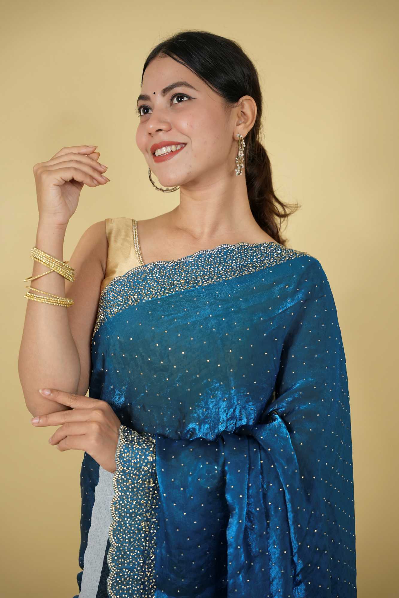 Satin Silk with Dazzling Zarkhan Diamond Work Ready To Wear Saree