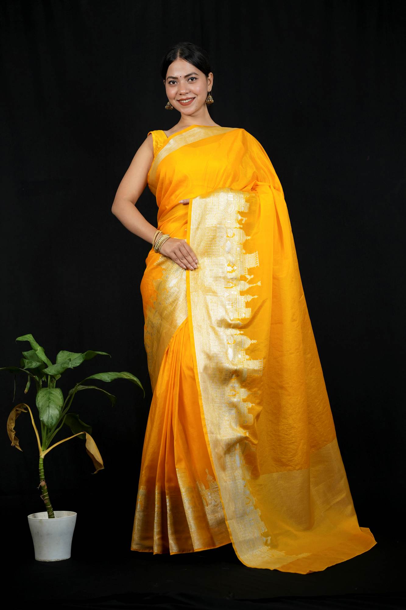 Soft Warm Silk with Zari Ganga Ghat woven Border and Rich Pallu Ready To Wear Saree