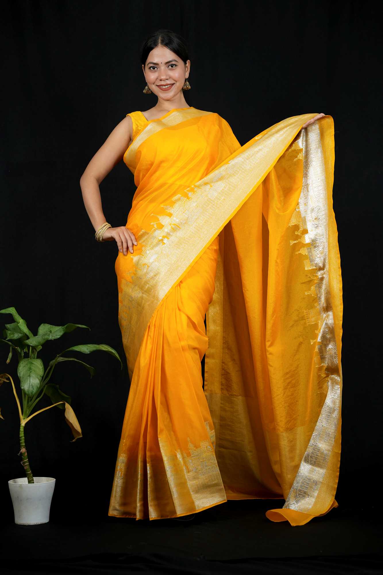 Soft Warm Silk with Zari Ganga Ghat woven Border and Rich Pallu Ready To Wear Saree
