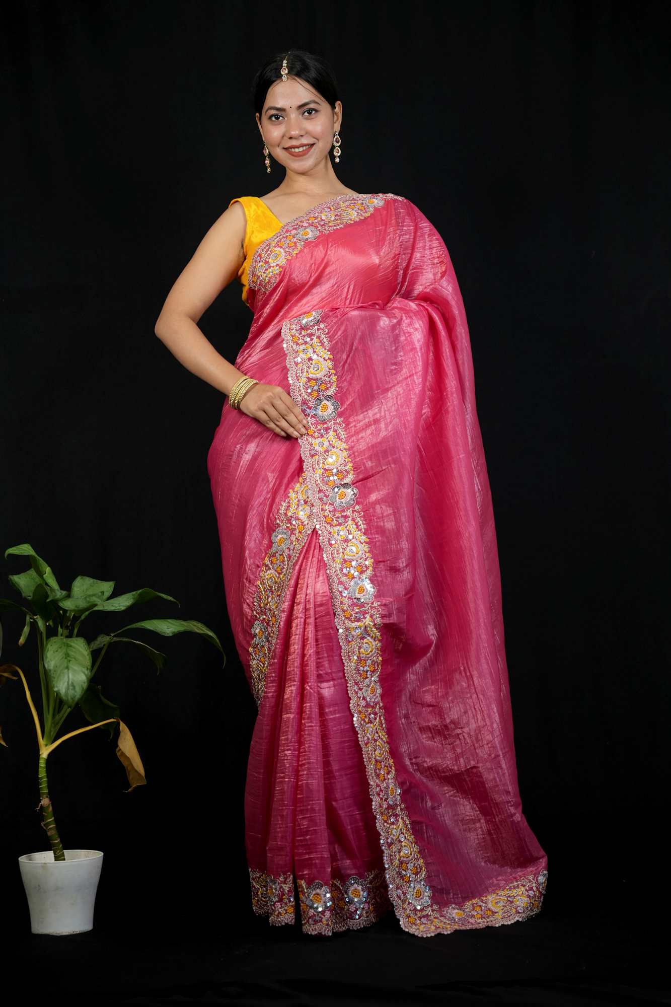 Crush Silk with Floral Maggam & Sequins Work Ready To Wear Saree