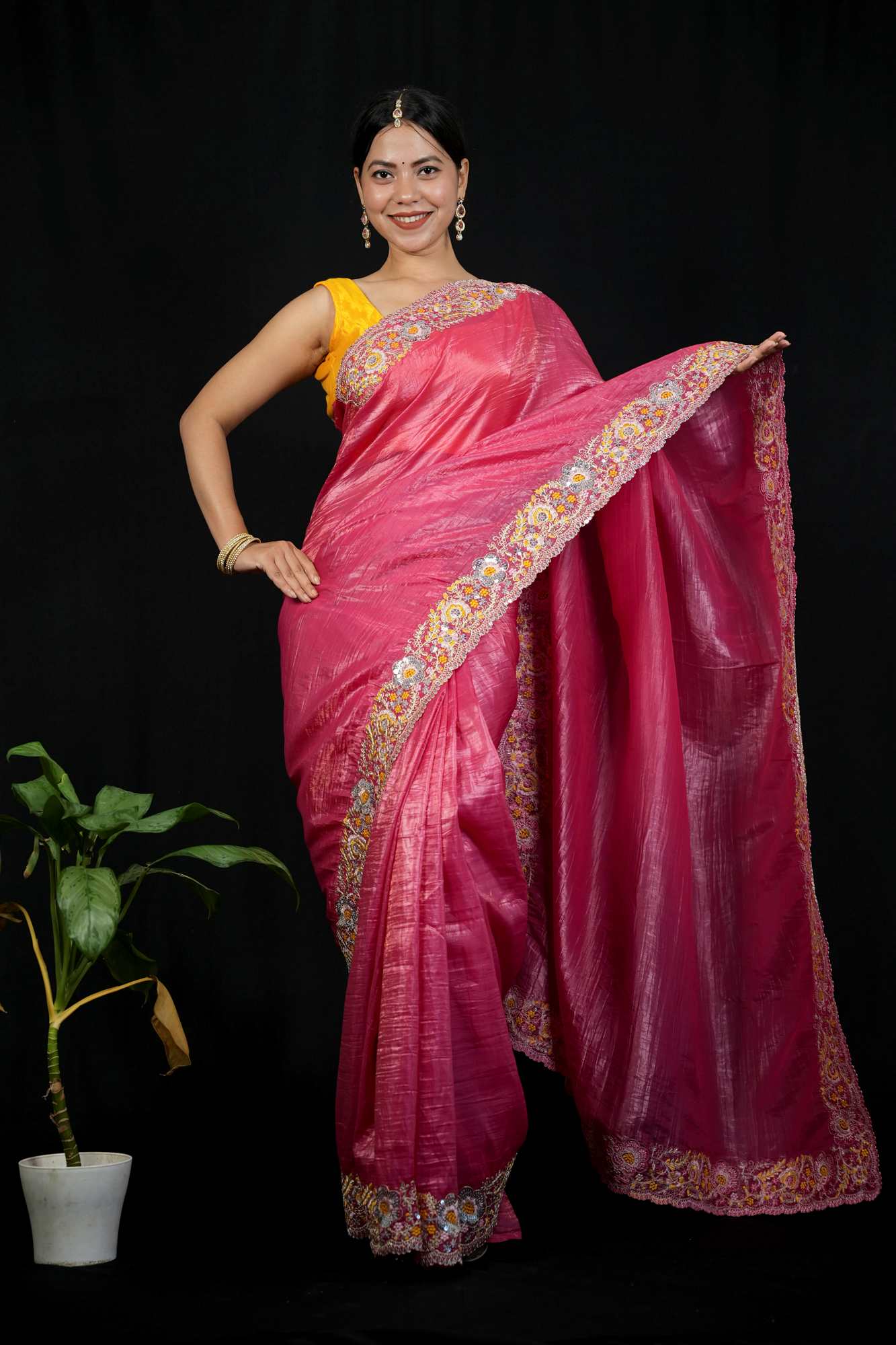 Crush Silk with Floral Maggam & Sequins Work Ready To Wear Saree