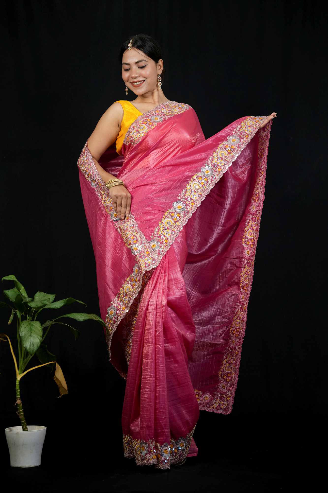 Crush Silk with Floral Maggam & Sequins Work Ready To Wear Saree