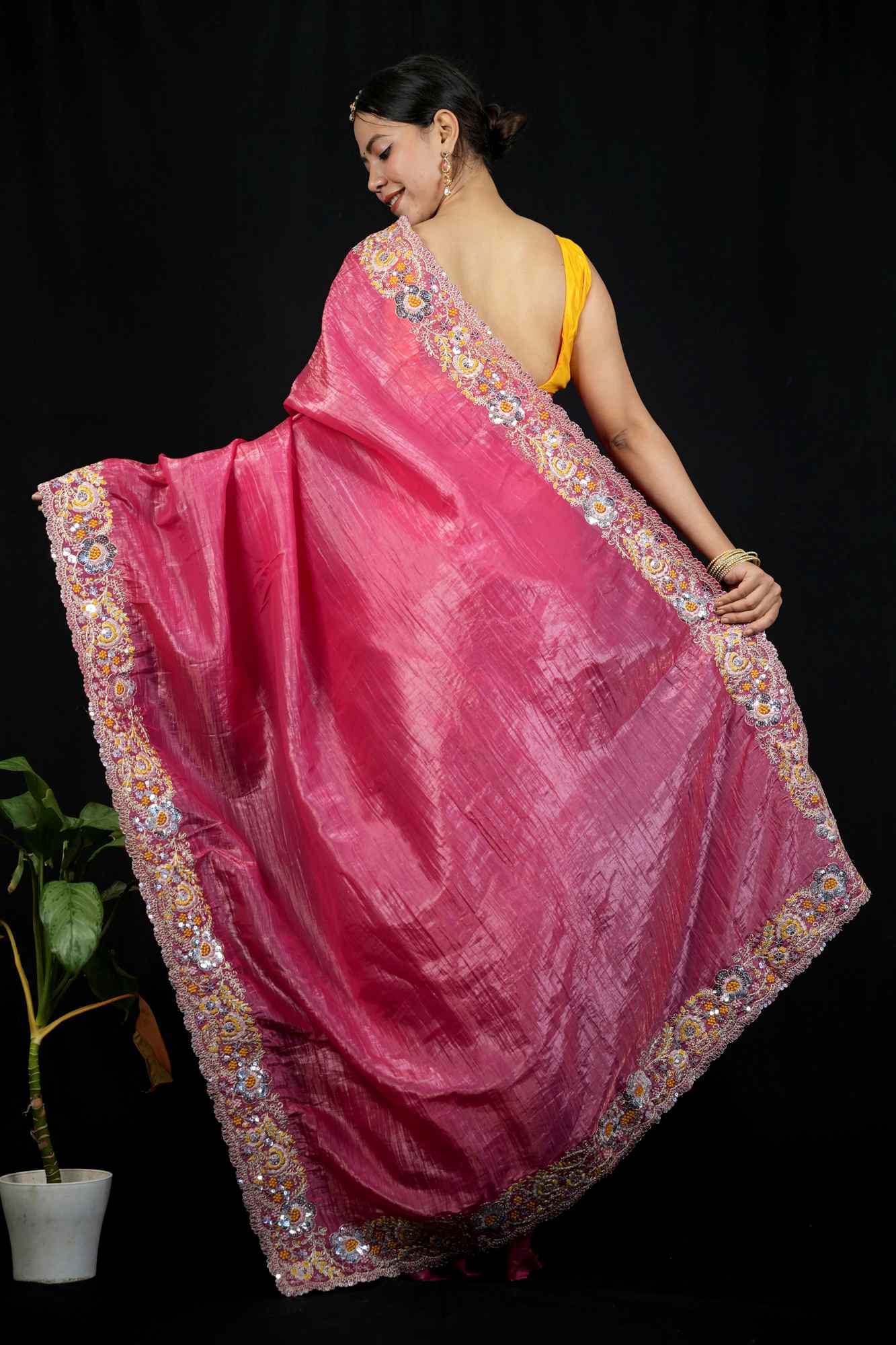 Crush Silk with Floral Maggam & Sequins Work Ready To Wear Saree