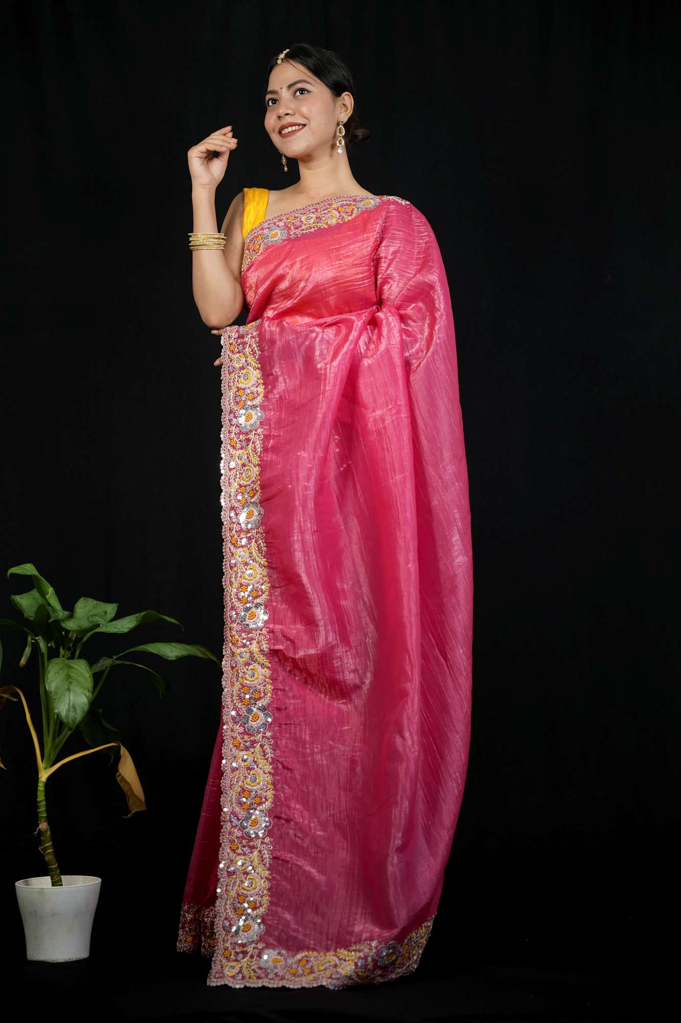 Crush Silk with Floral Maggam & Sequins Work Ready To Wear Saree