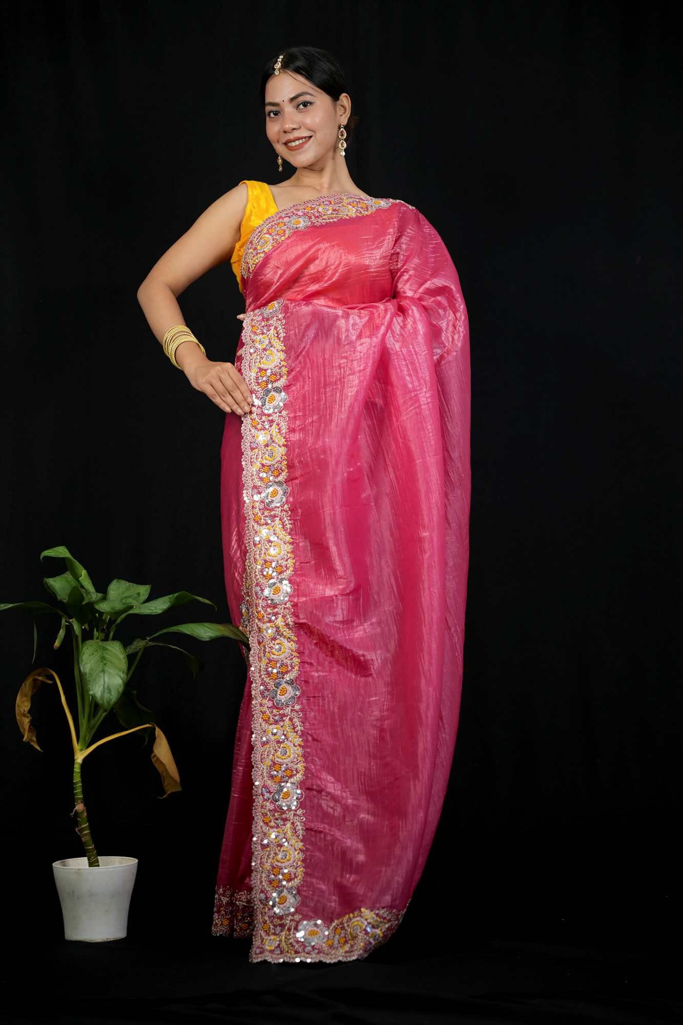 Crush Silk with Floral Maggam & Sequins Work Ready To Wear Saree