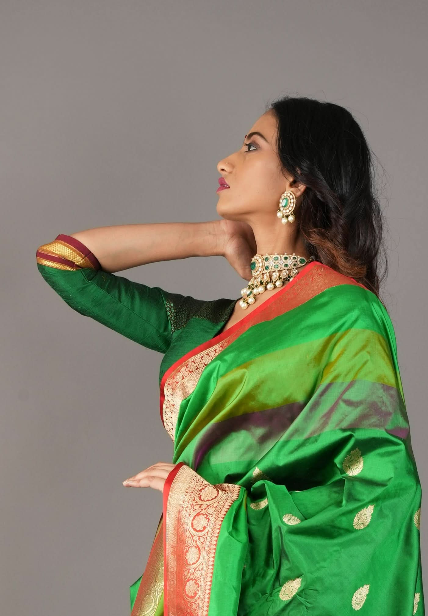 Emerald Green Pure Raw Silk Blouse with Plunge Neck and Khun detailing, Customizable, made to order | Shobitam