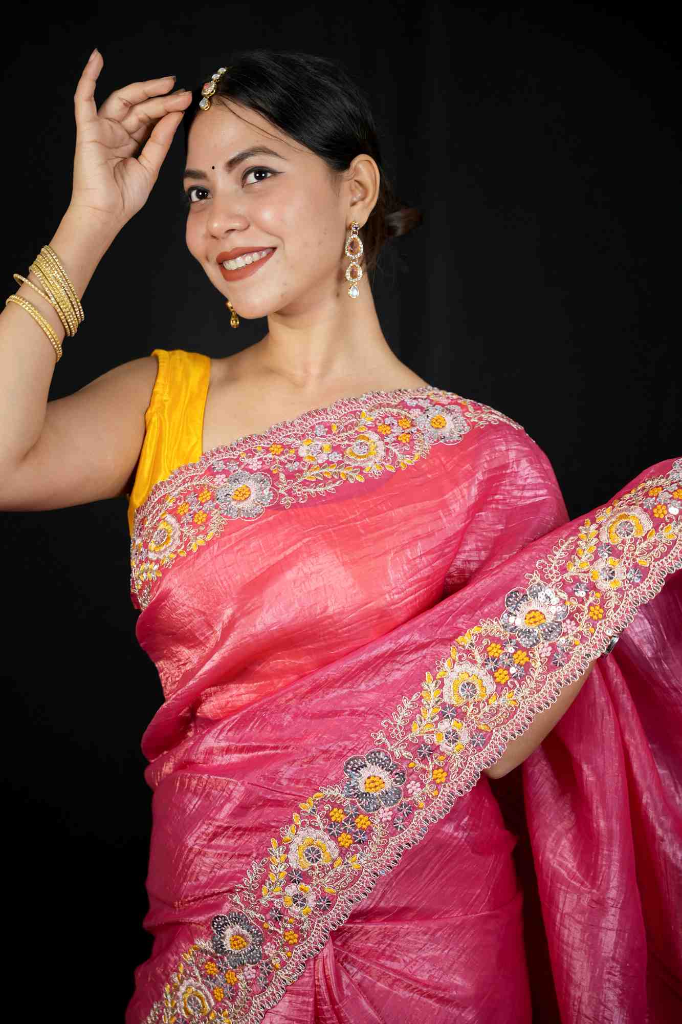 Crush Silk with Floral Maggam & Sequins Work Ready To Wear Saree