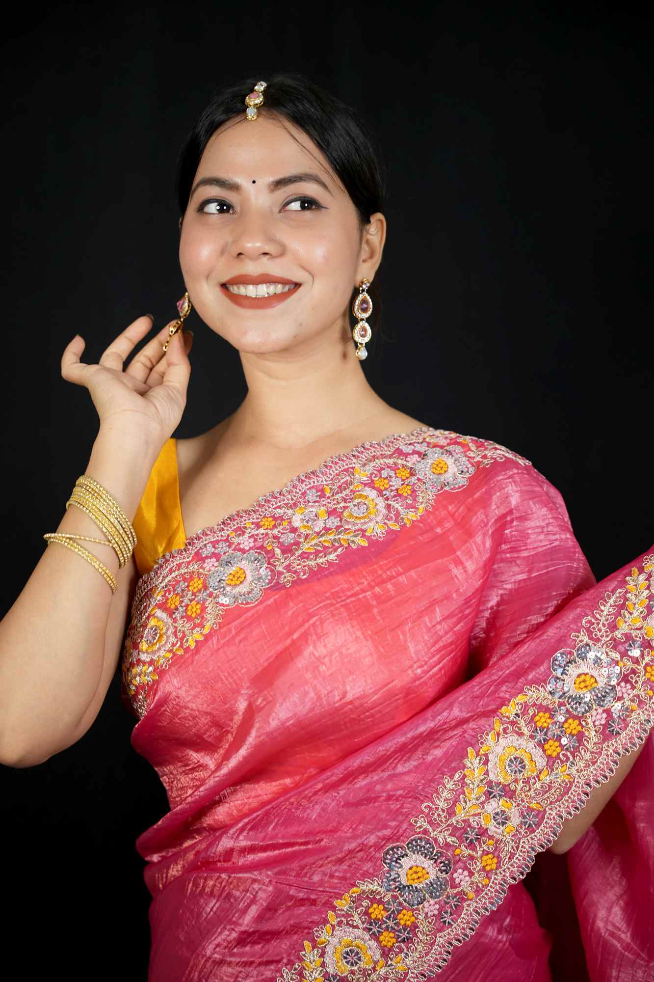 Crush Silk with Floral Maggam & Sequins Work Ready To Wear Saree