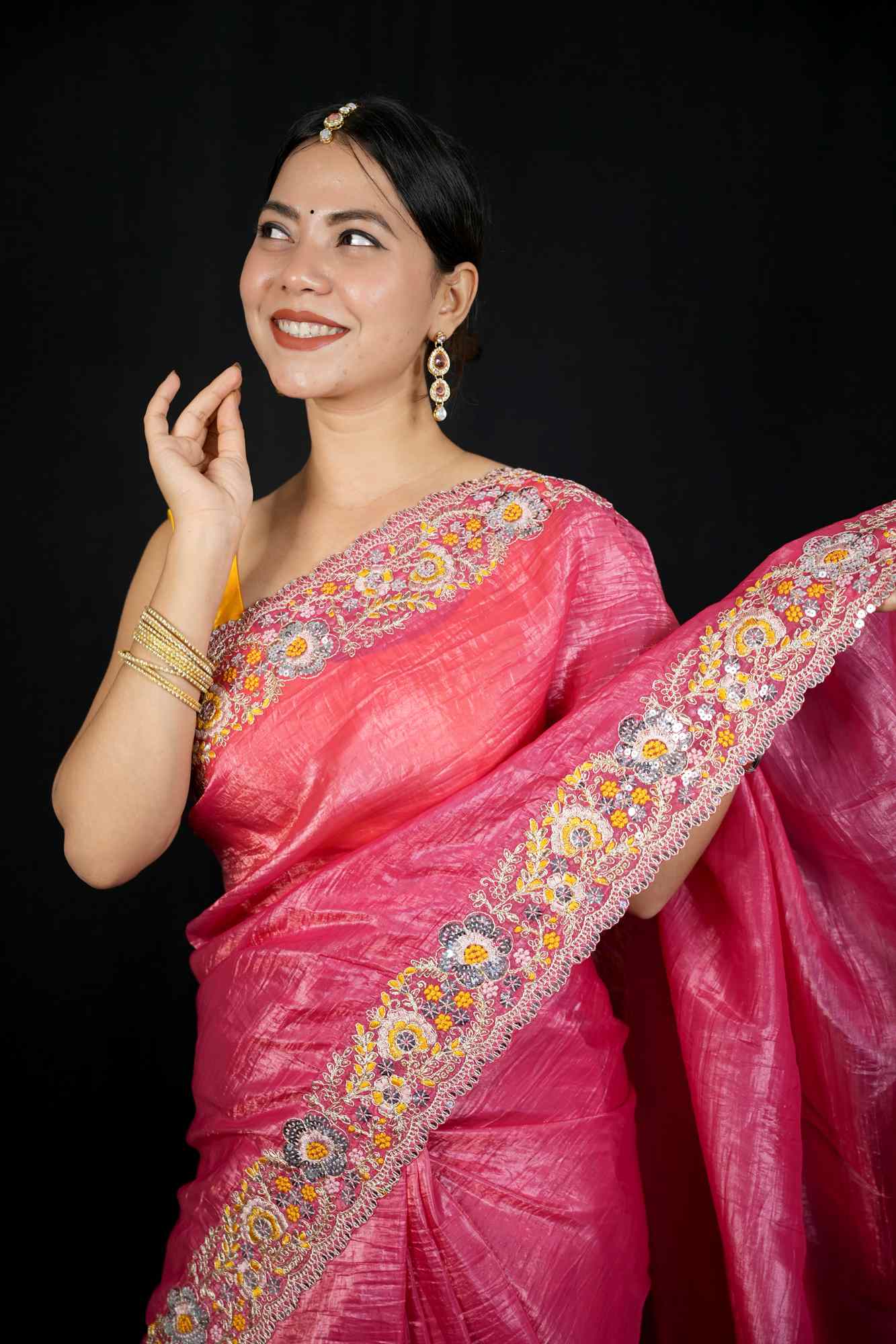 Crush Silk with Floral Maggam & Sequins Work Ready To Wear Saree