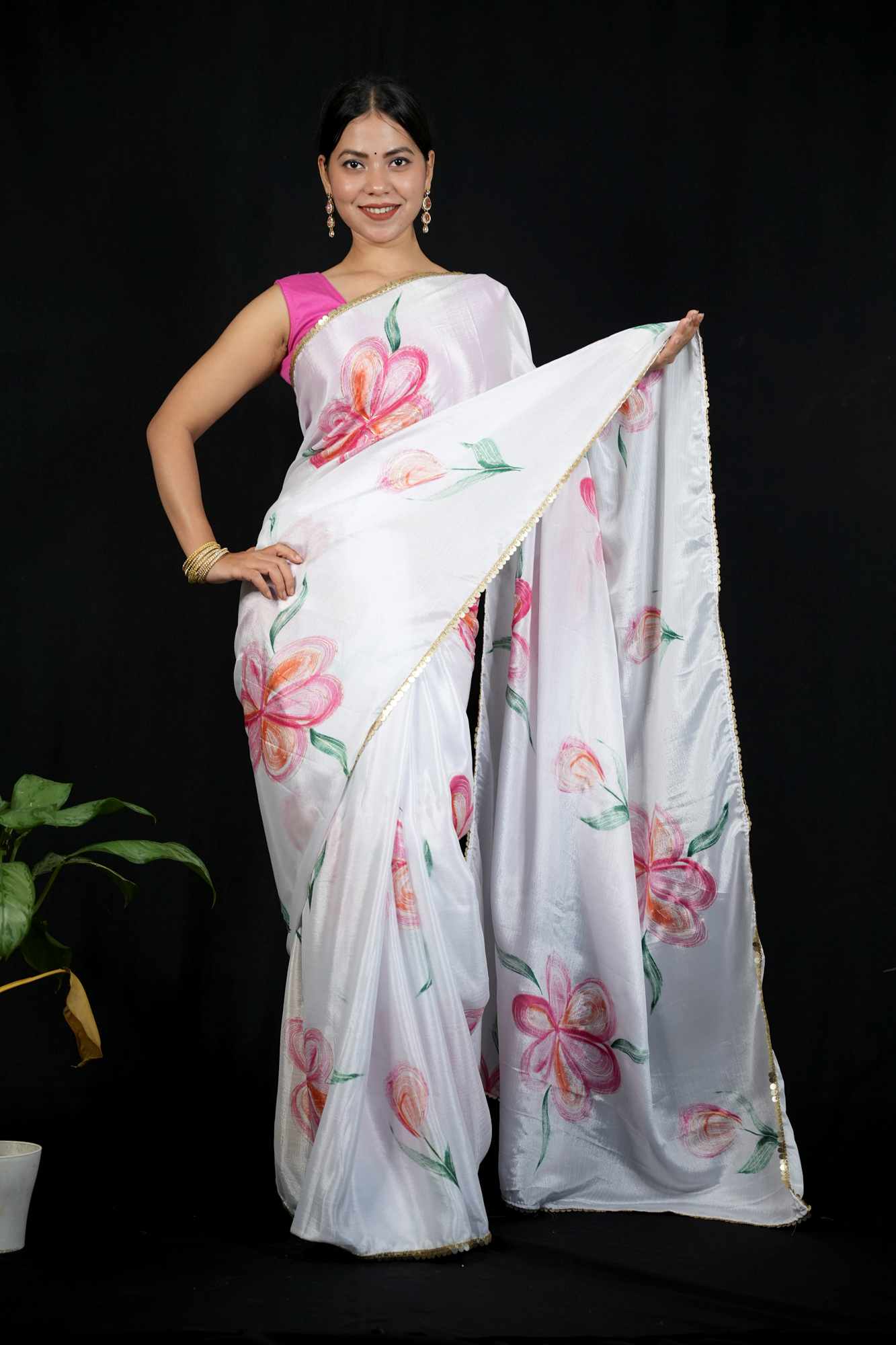 White Chiffon Floral with Golden Sequin Border Ready To Wear Saree