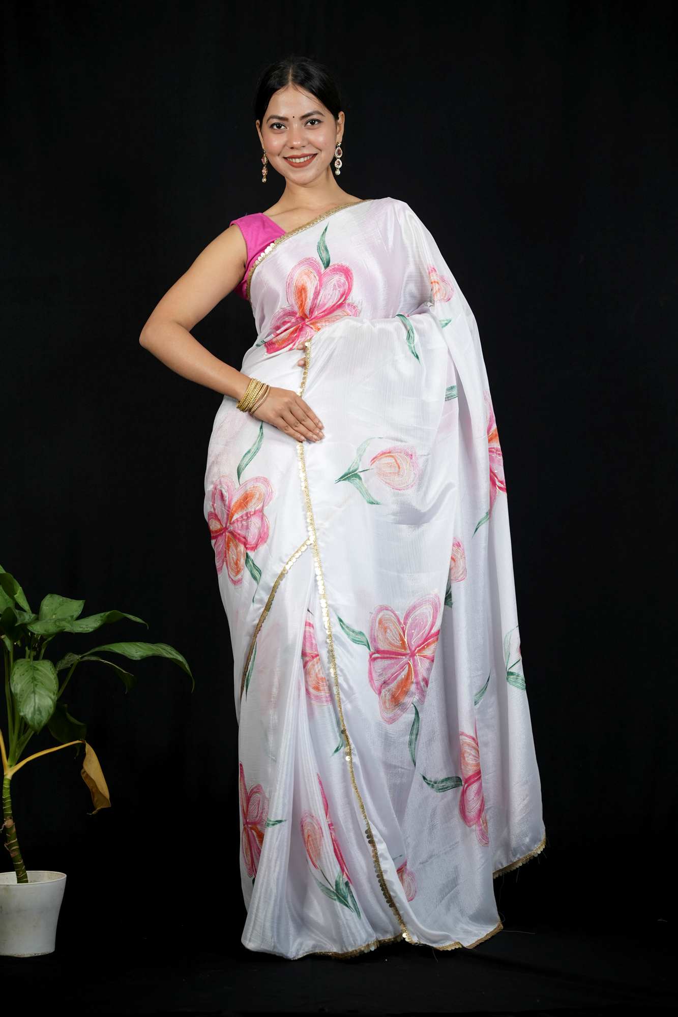 White Chiffon Floral with Golden Sequin Border Ready To Wear Saree