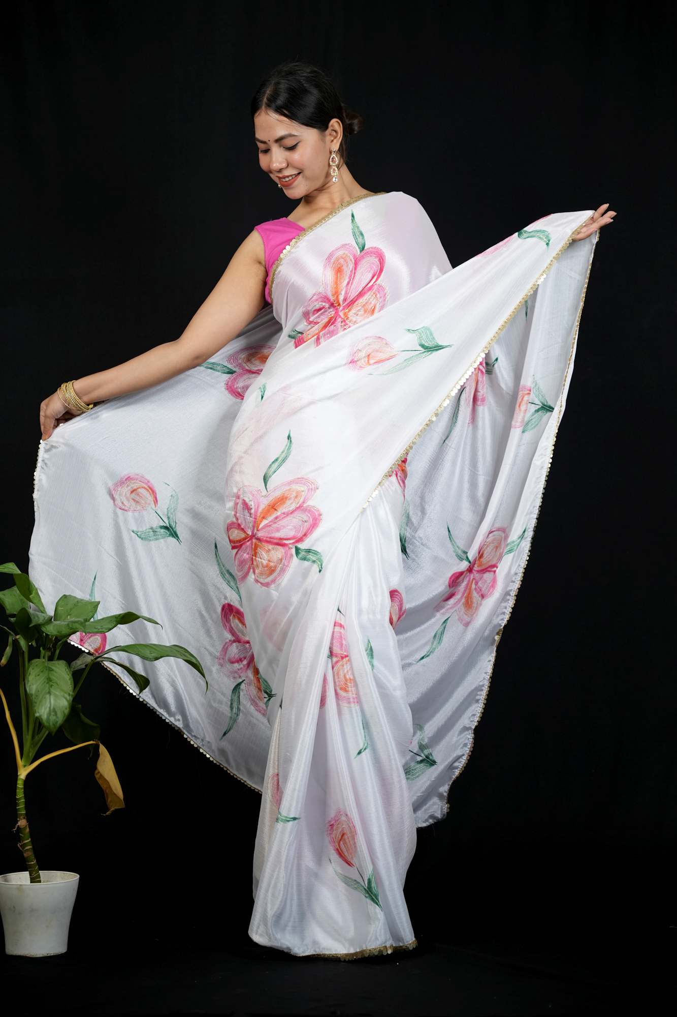 White Chiffon Floral with Golden Sequin Border Ready To Wear Saree